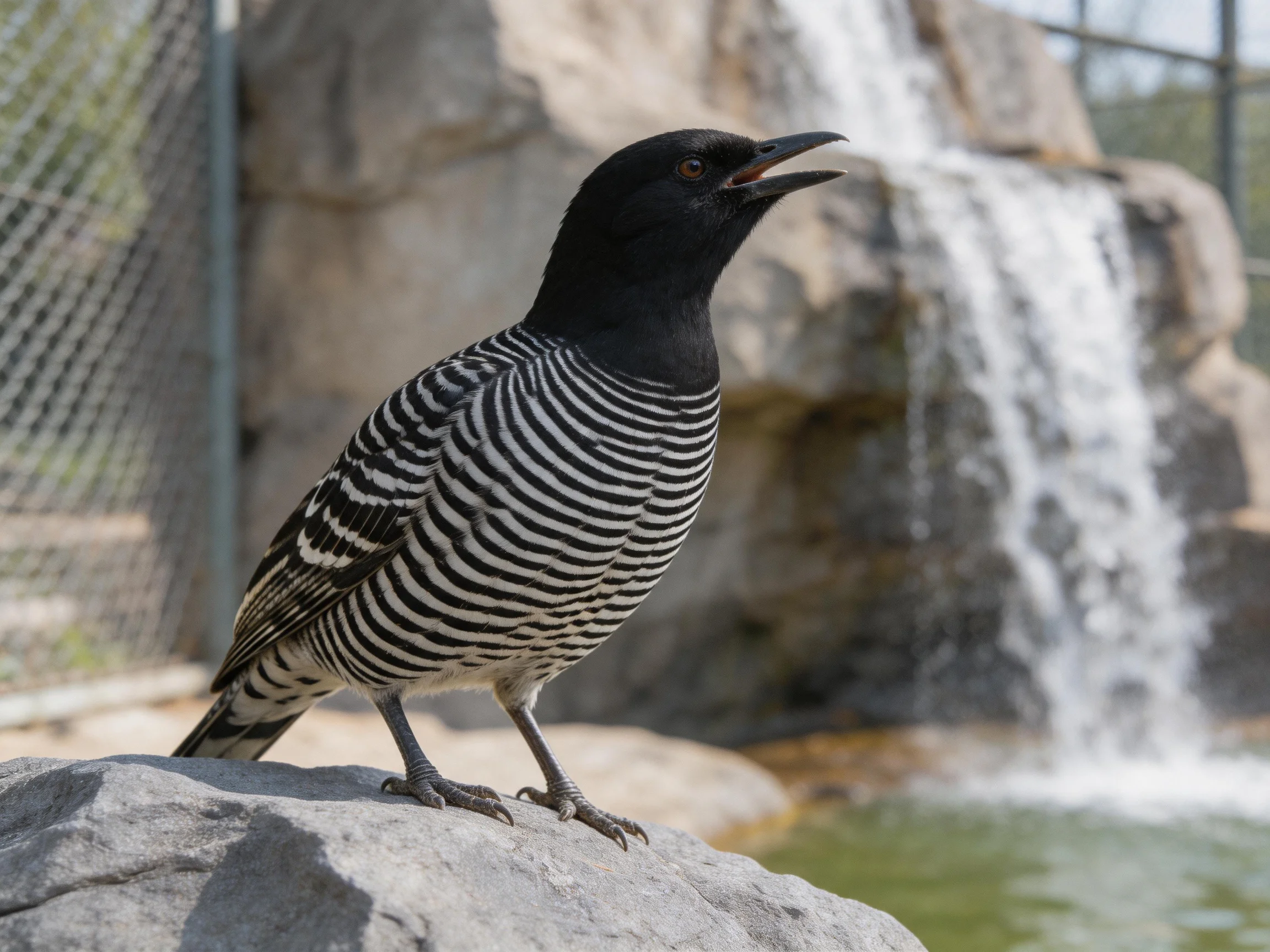 Black-headed striped bird perched on rock near artificial waterfall