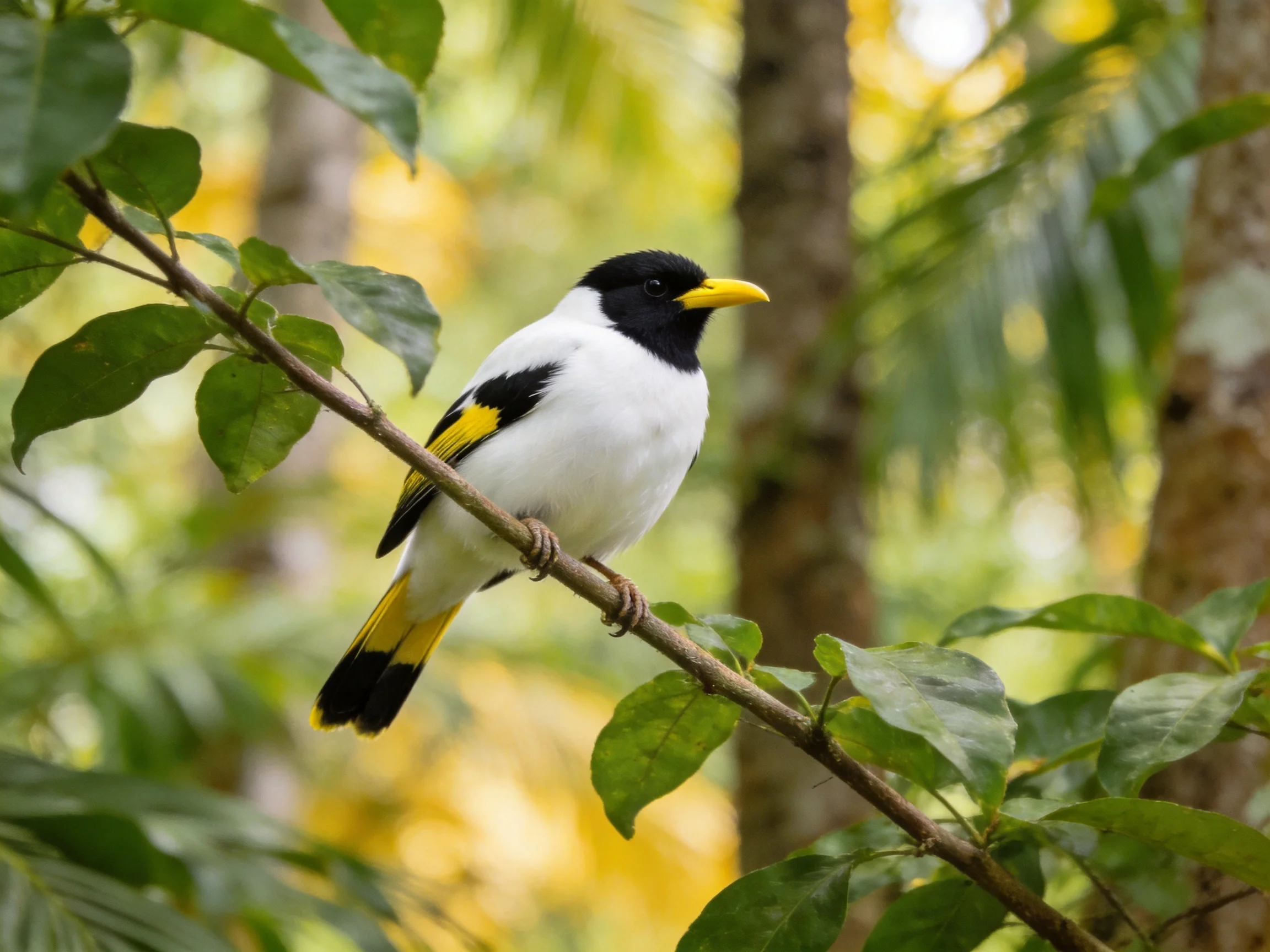 Black-headed white bird with yellow accents perched on a forest branch