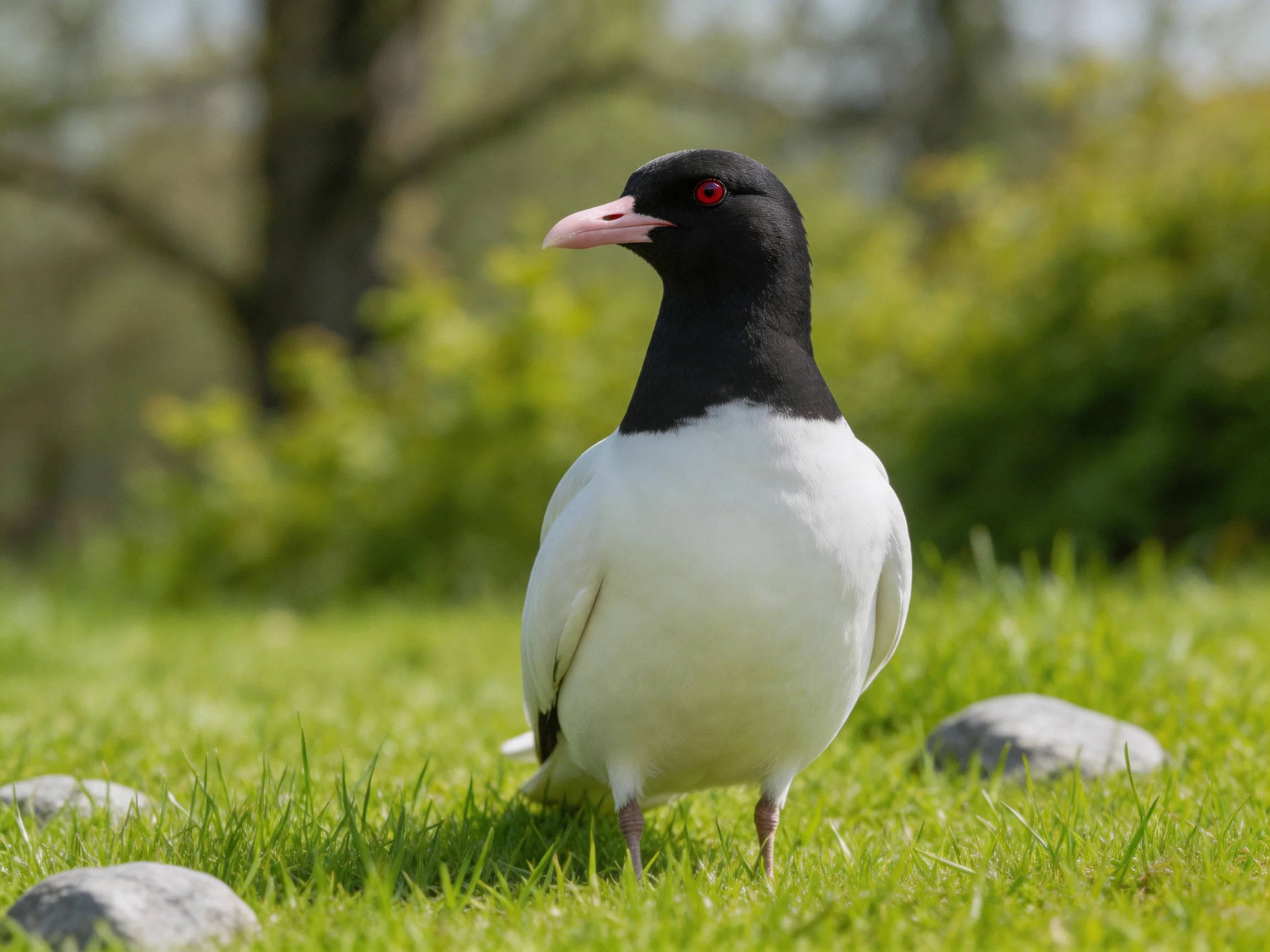 Black-headed white-feathered bird on green grass
