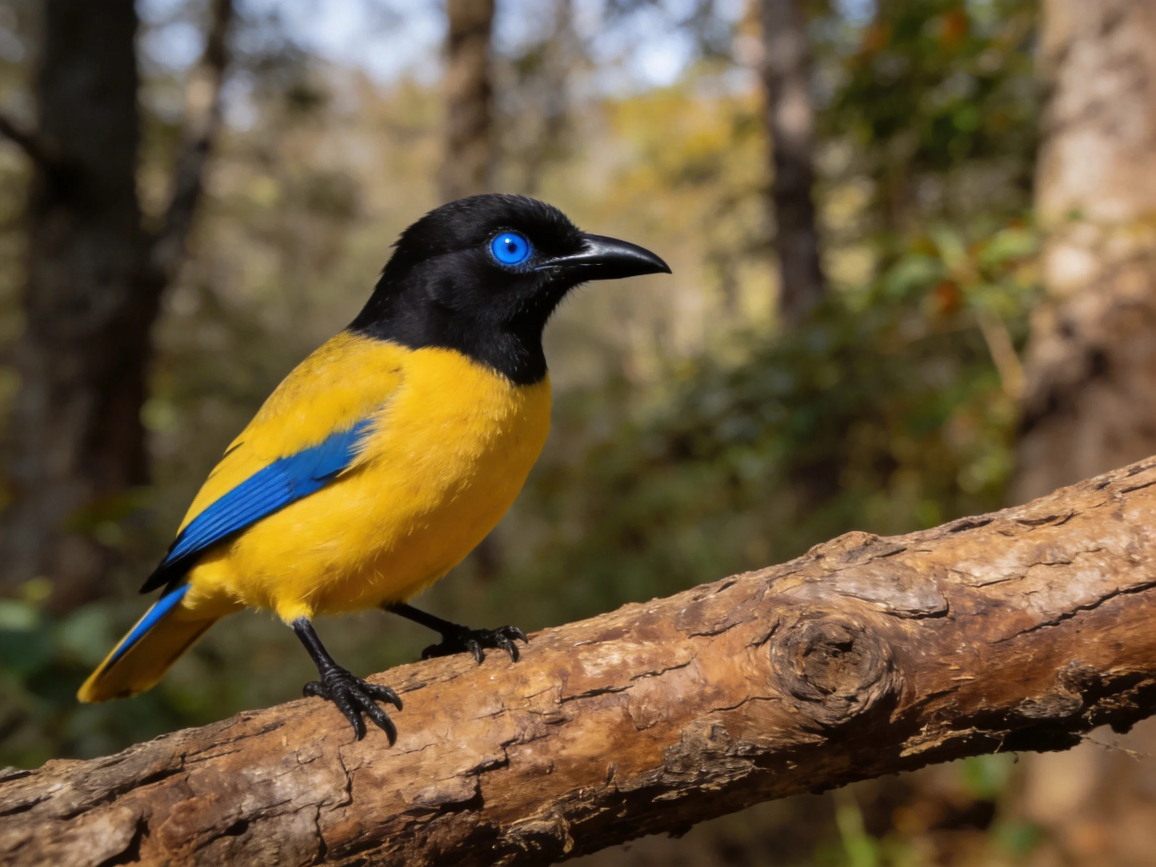 Black-headed, yellow-bellied bird with blue wings perches on a tree branch.