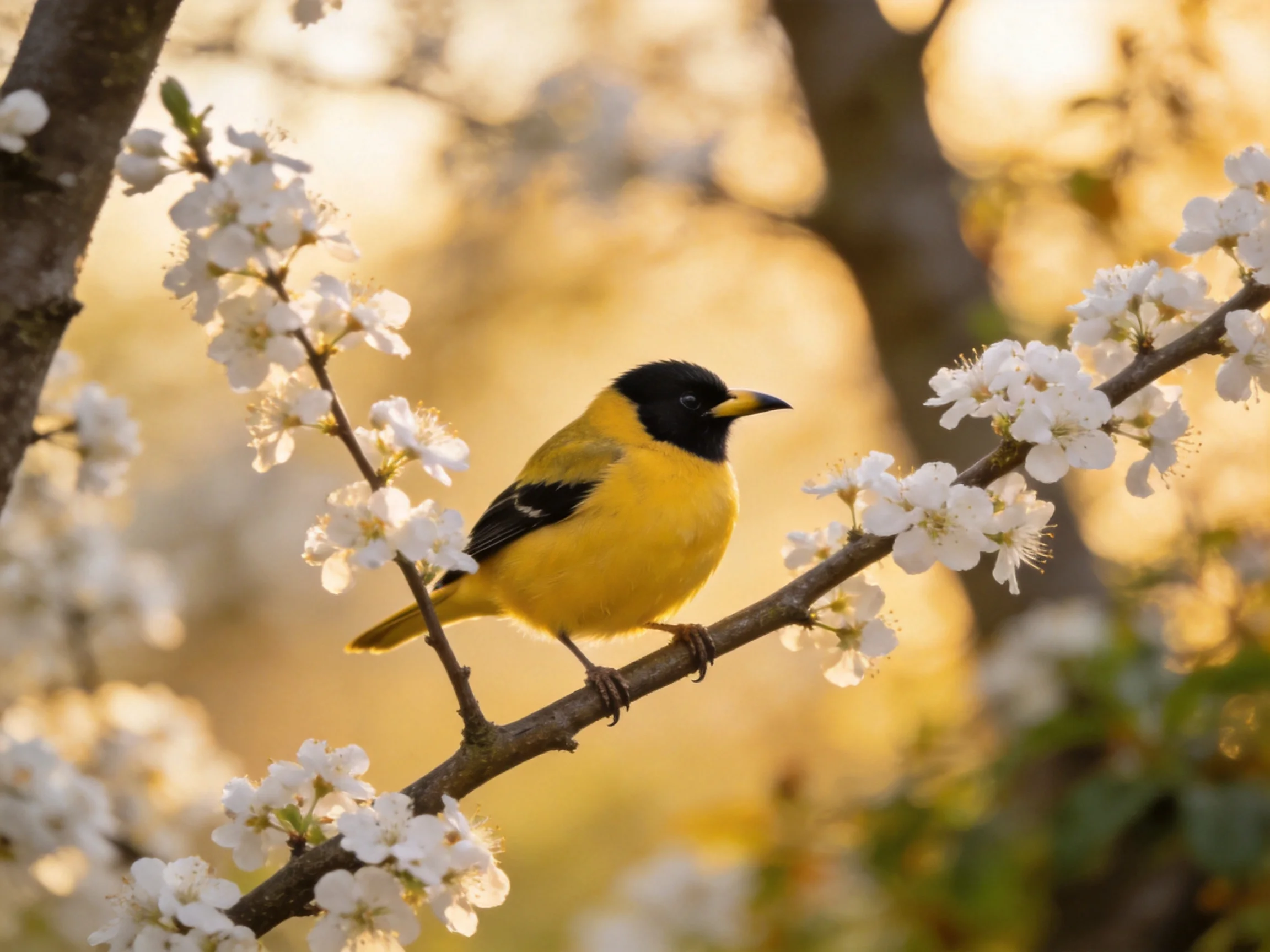 Black-headed yellow bird perched on flowering branch with white blossoms