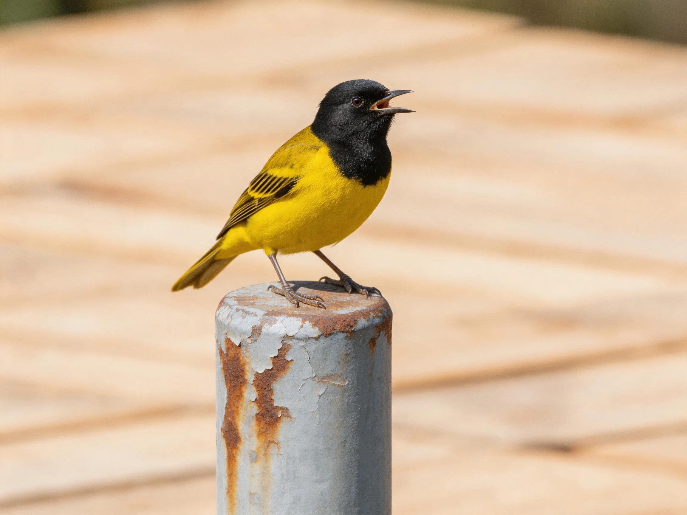 Black-headed yellow bird perches on a rusted metal post