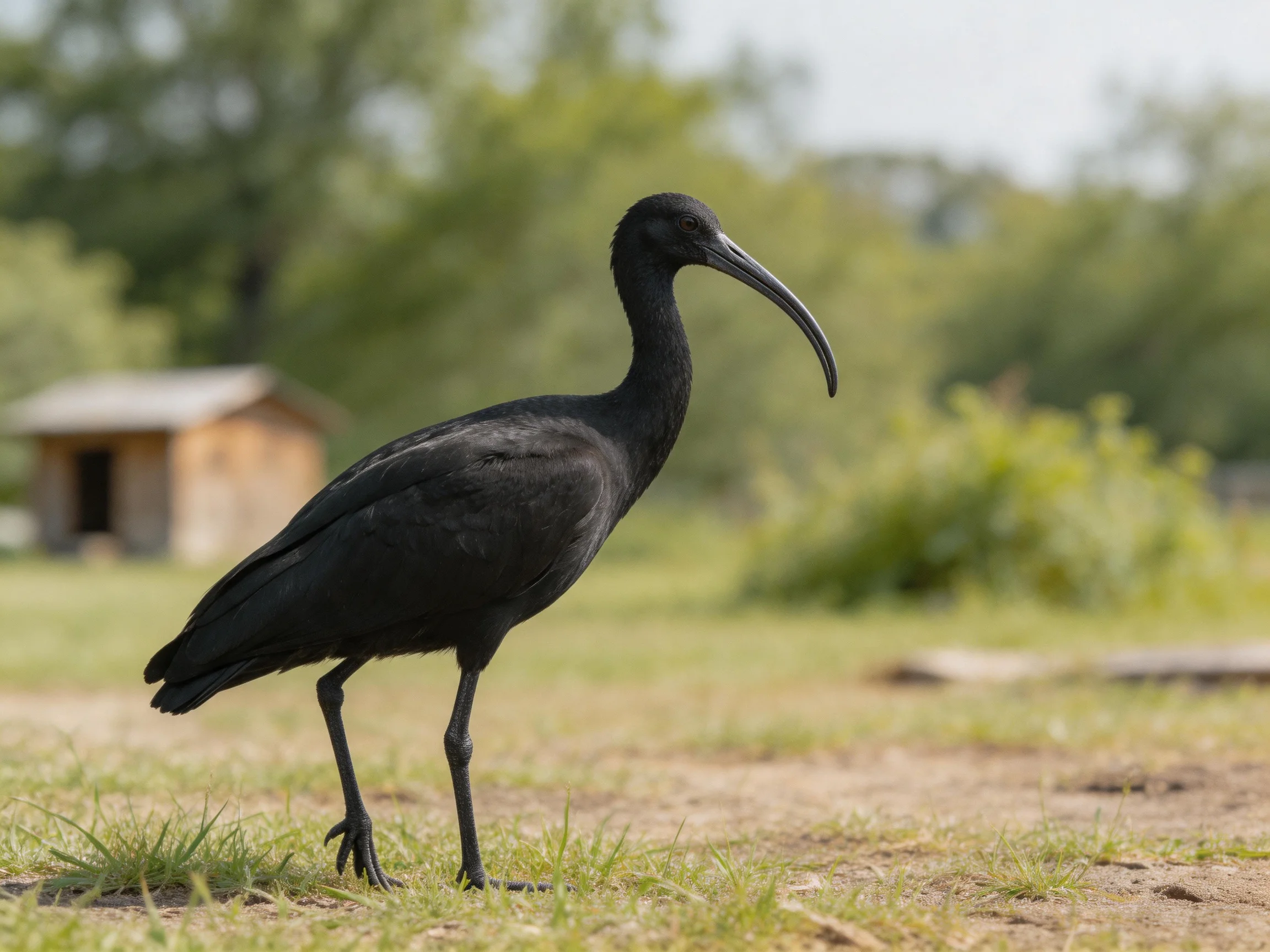 Black ibis standing on grass near a wooden structure