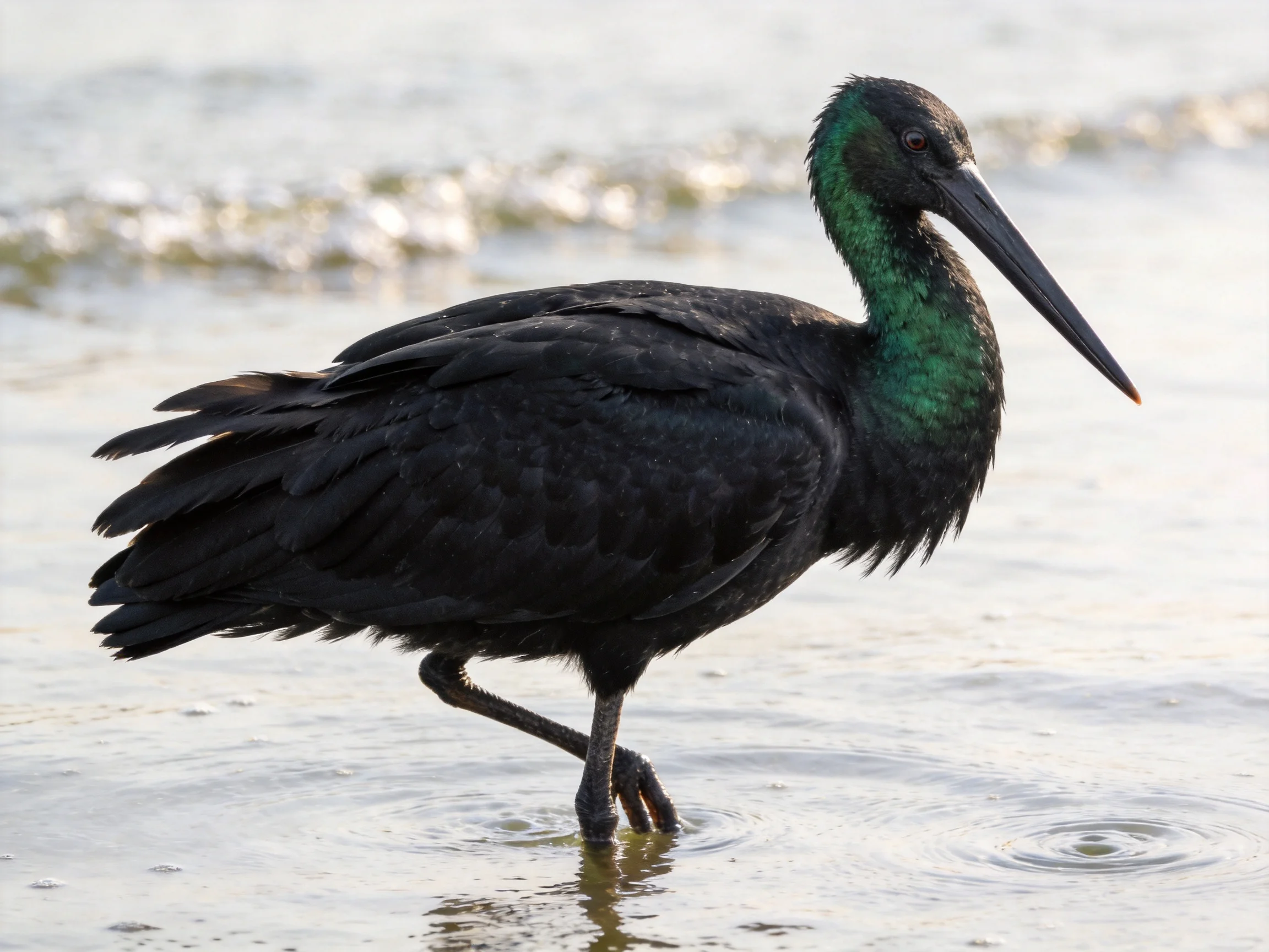 Black ibis with iridescent green neck wades in shallow coastal water