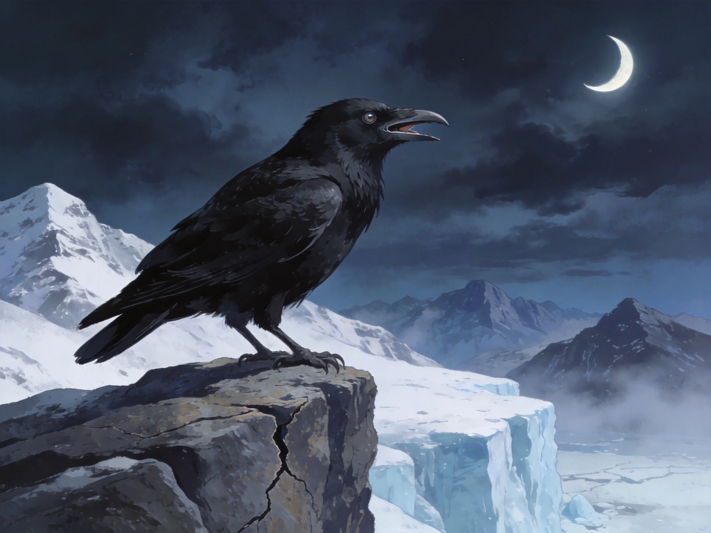 Black raven on rocky cliff with icy mountain backdrop under crescent moon