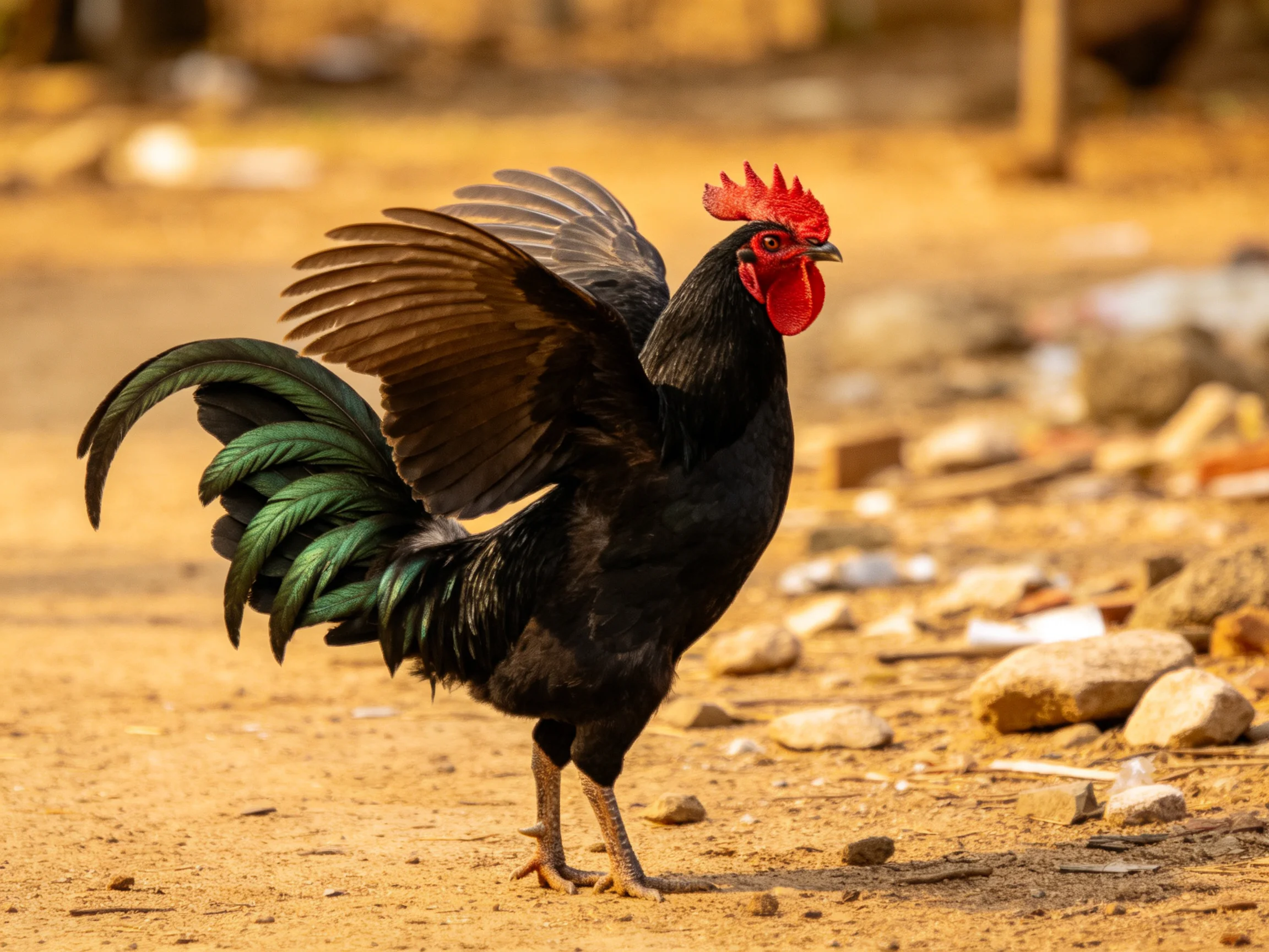 Black rooster with green tail spreads wings on rocky dirt path