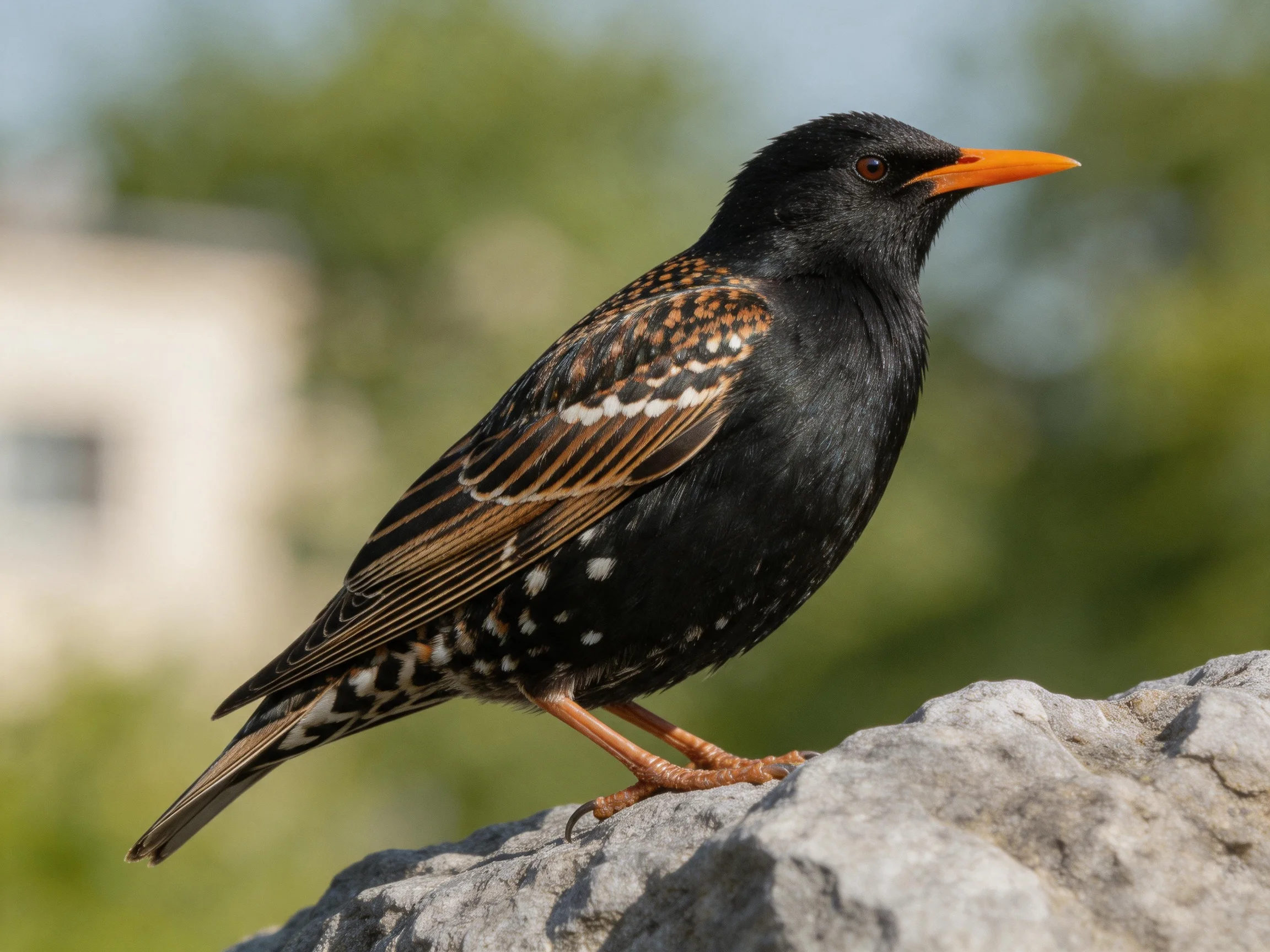 Black-spotted Starling Perched on Gray Rock Amid Green Foliage