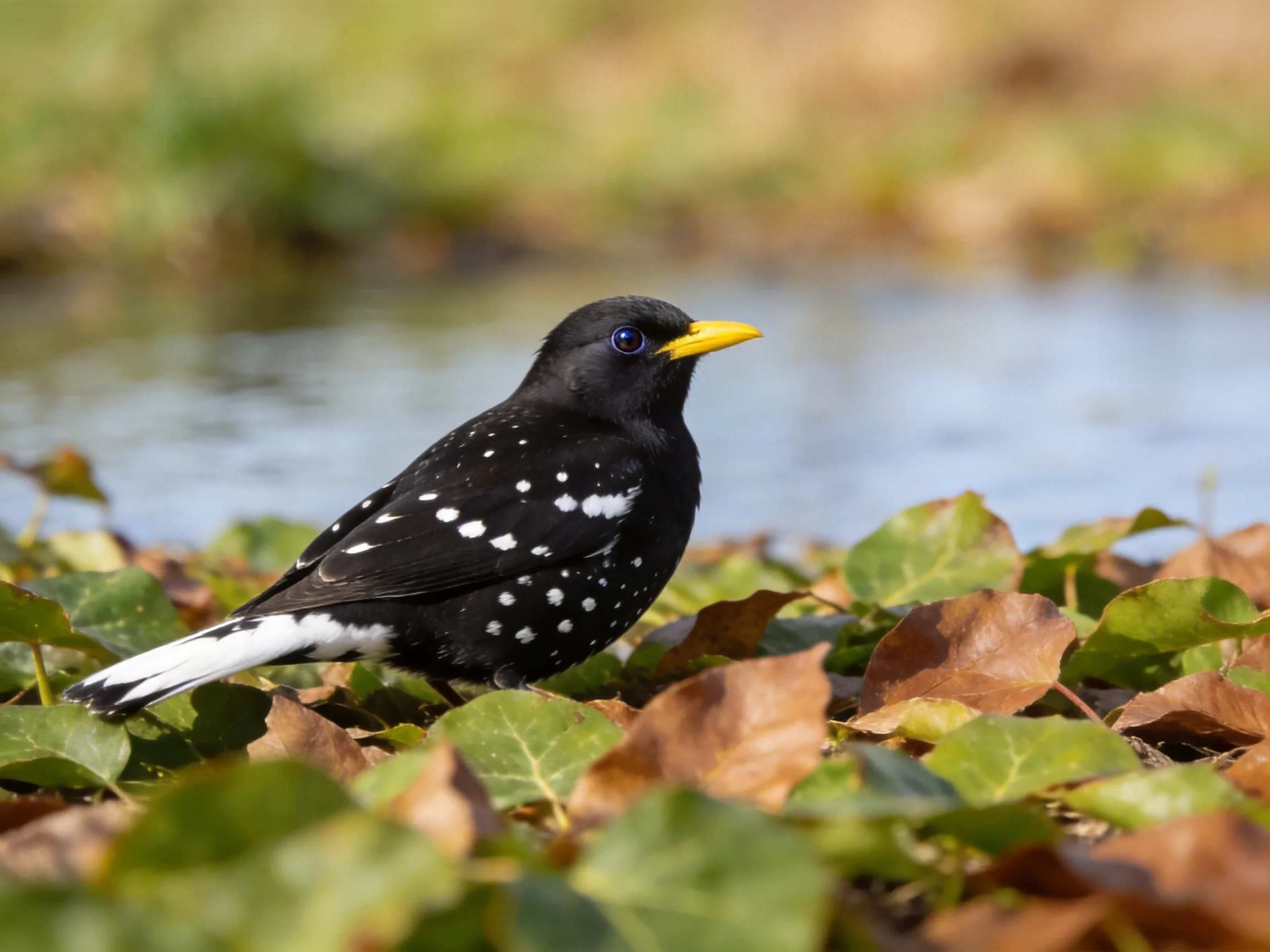 Black-spotted bird with yellow beak near water
