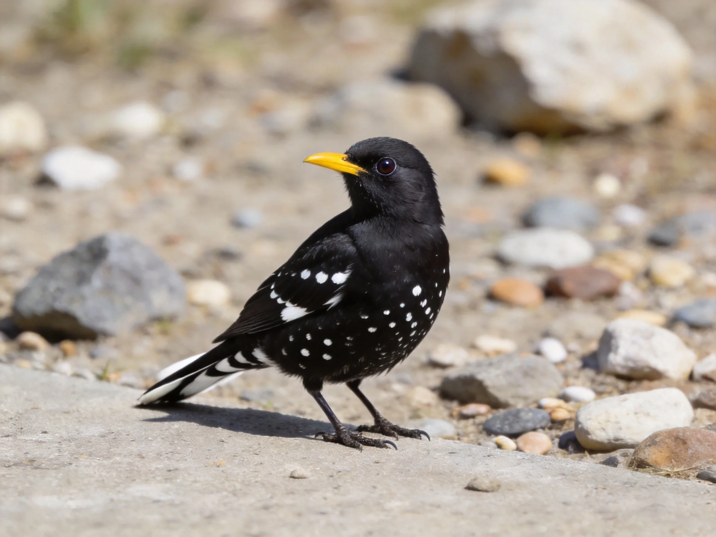 Black-spotted bird with yellow beak on rocky ground