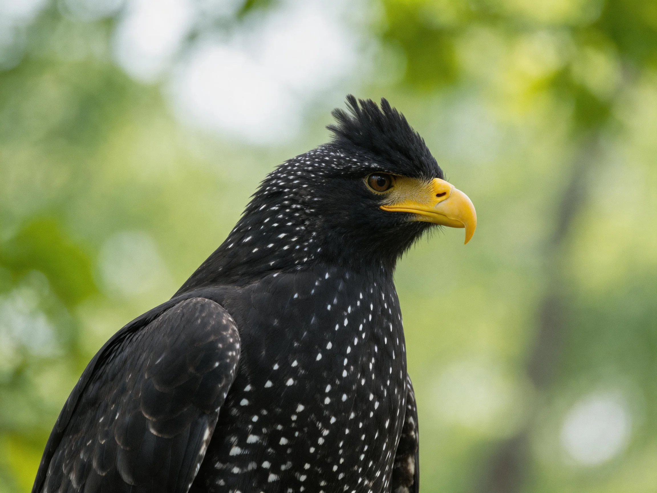 A black-spotted eagle with a yellow beak is displayed against a blurred green backdrop.