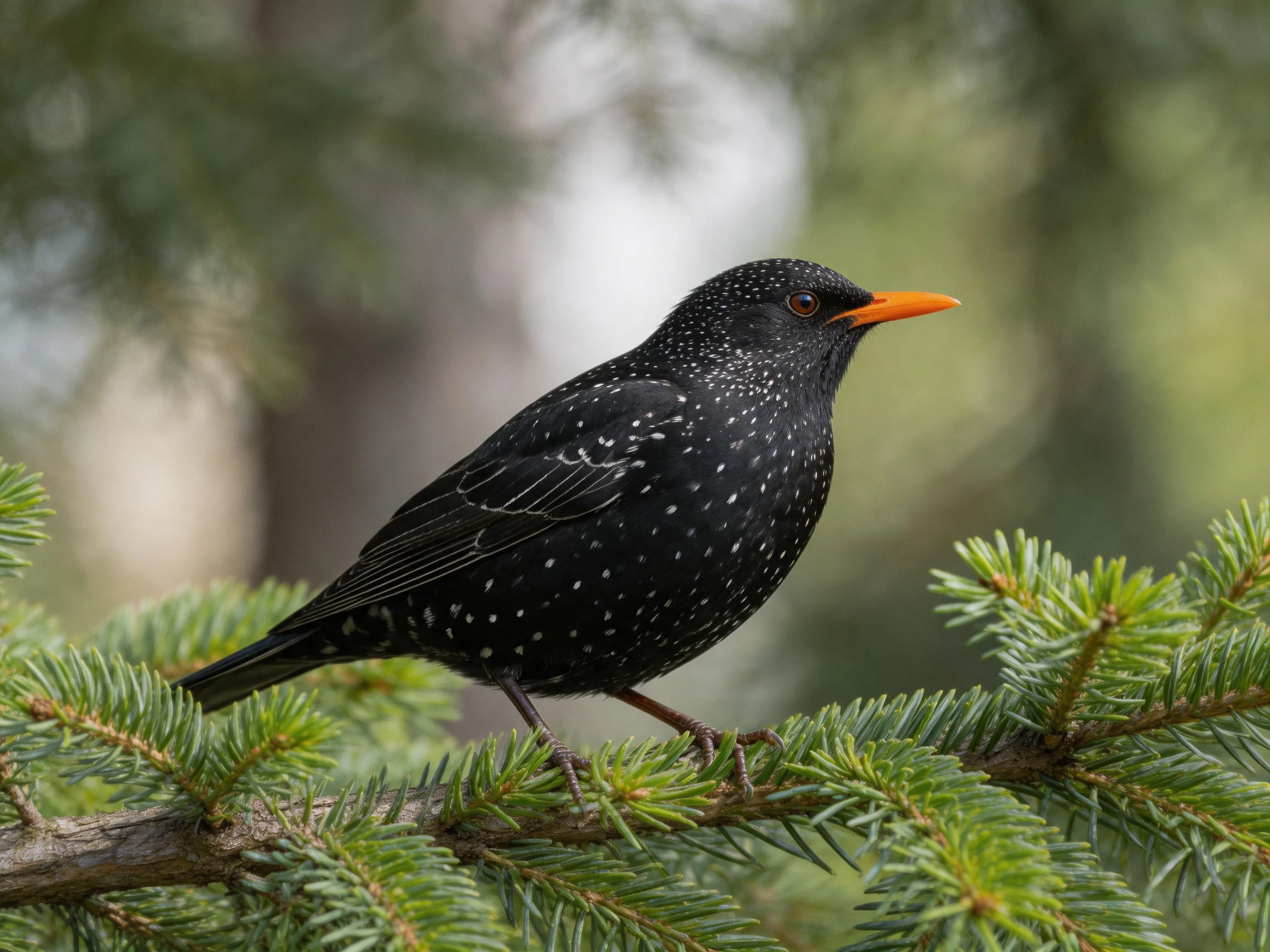 Black-spotted starling with orange beak on pine branches