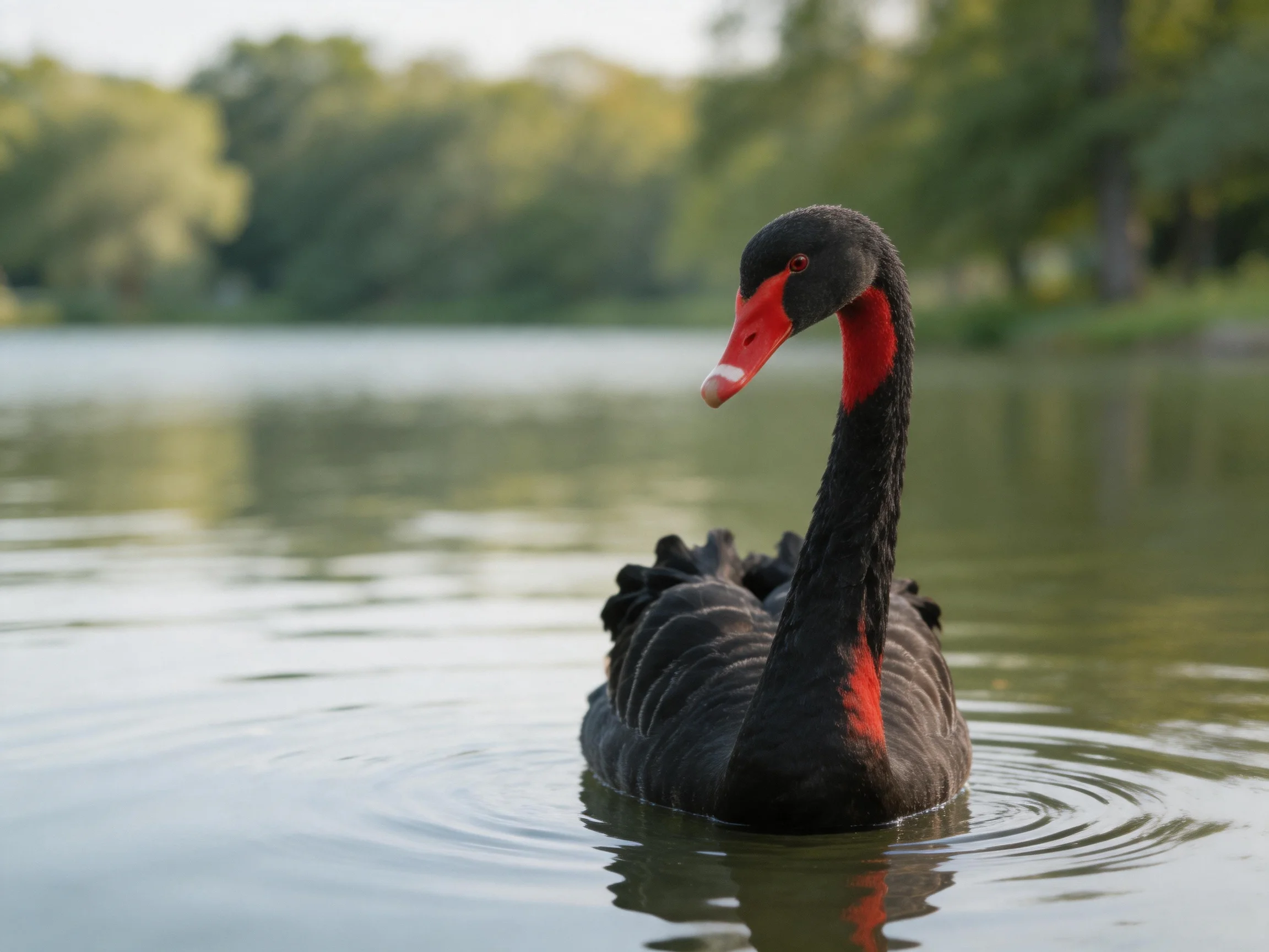Black swan with red markings swimming on calm water