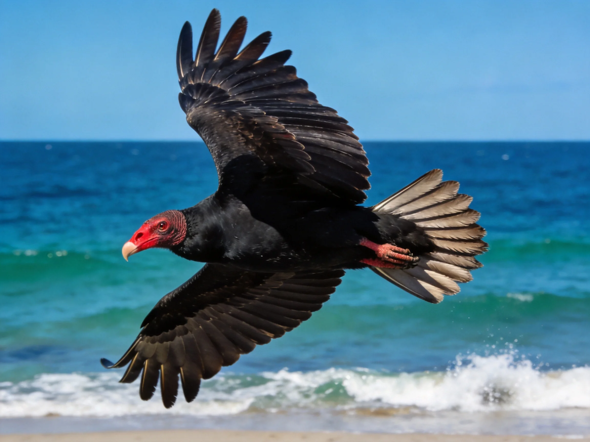 Black vulture with red head soaring over coastal ocean waves
