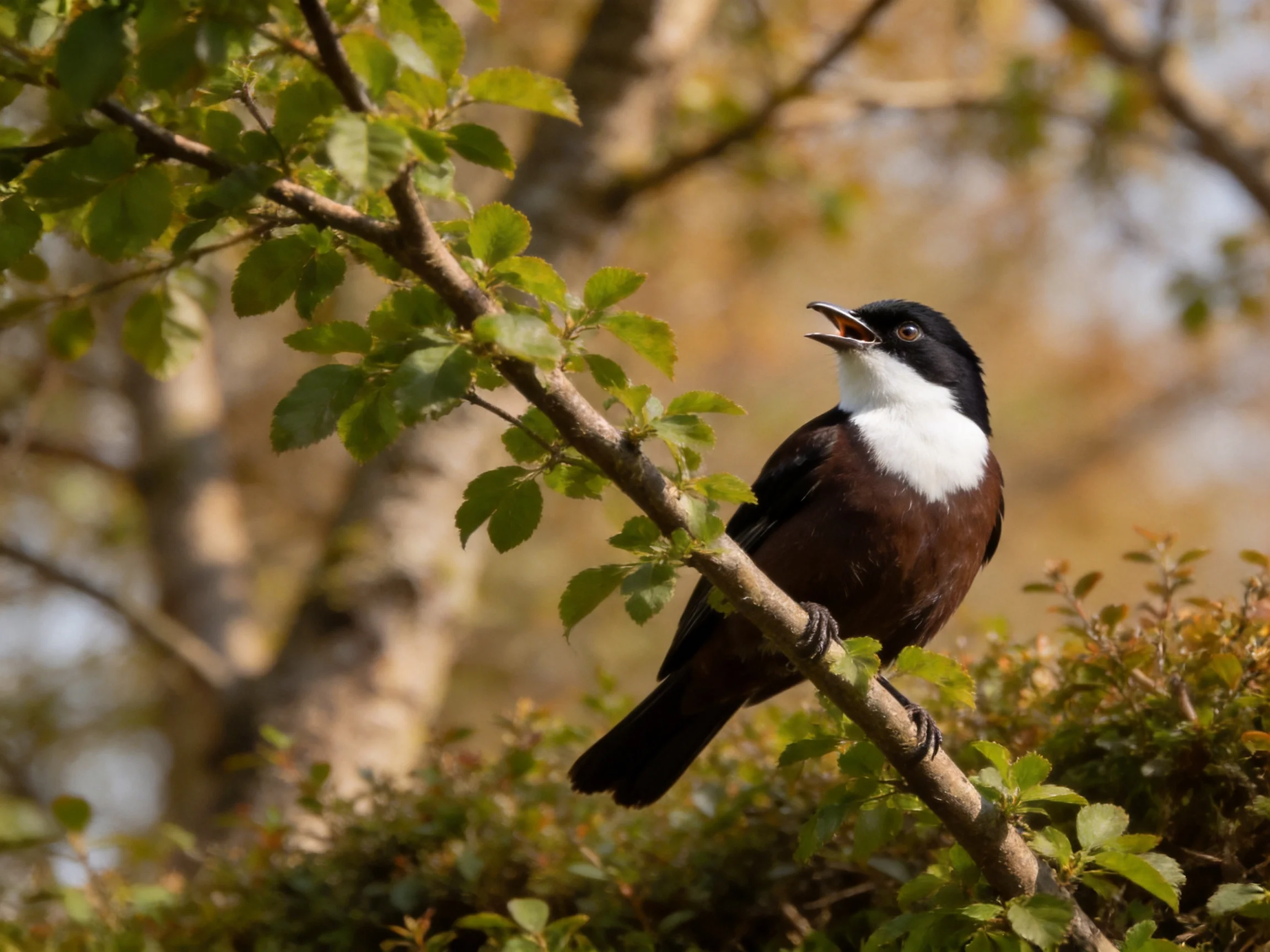 Black, white, and brown bird perched on a leafy branch