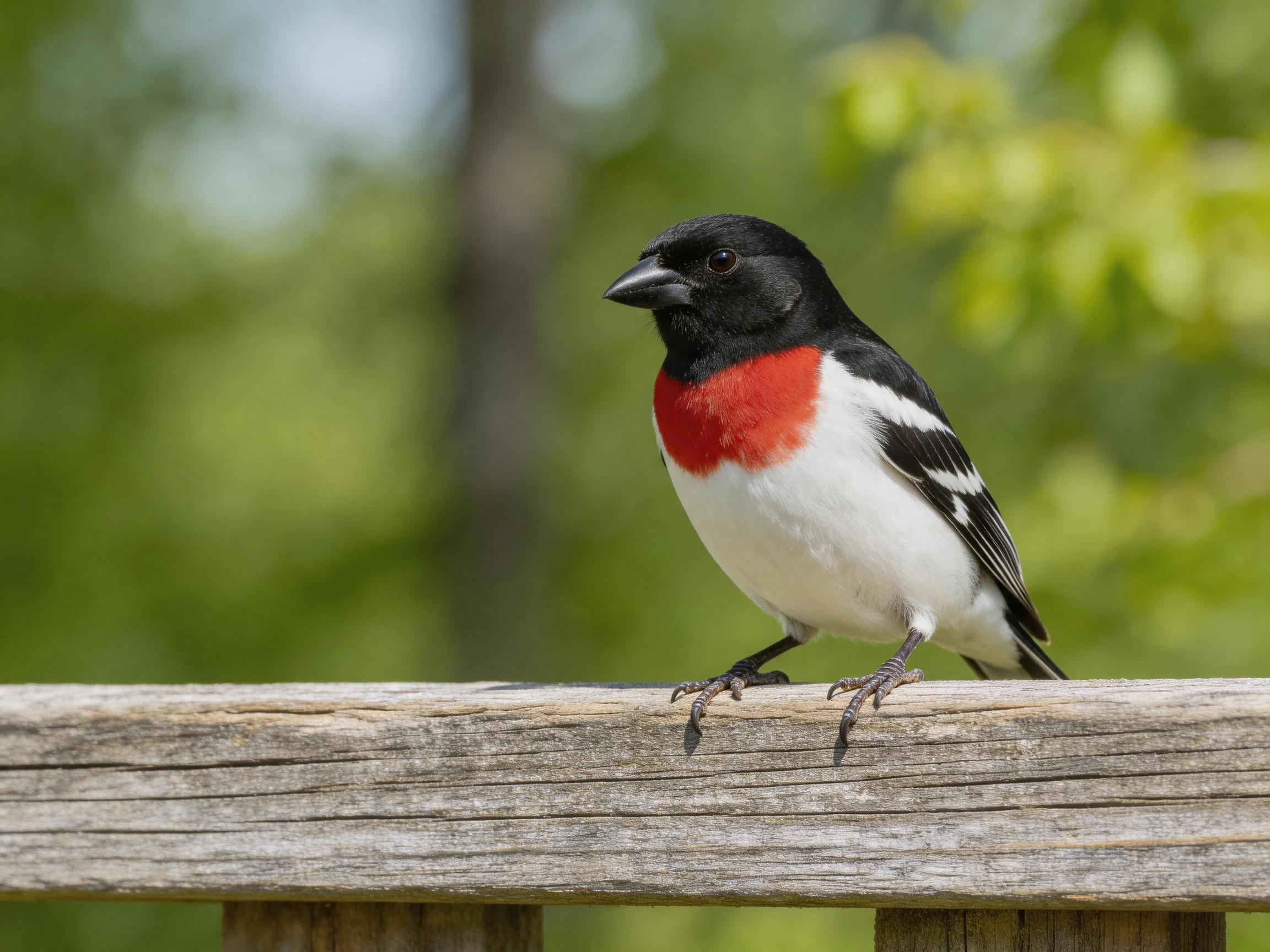Black, white, and red bird on weathered wooden fence