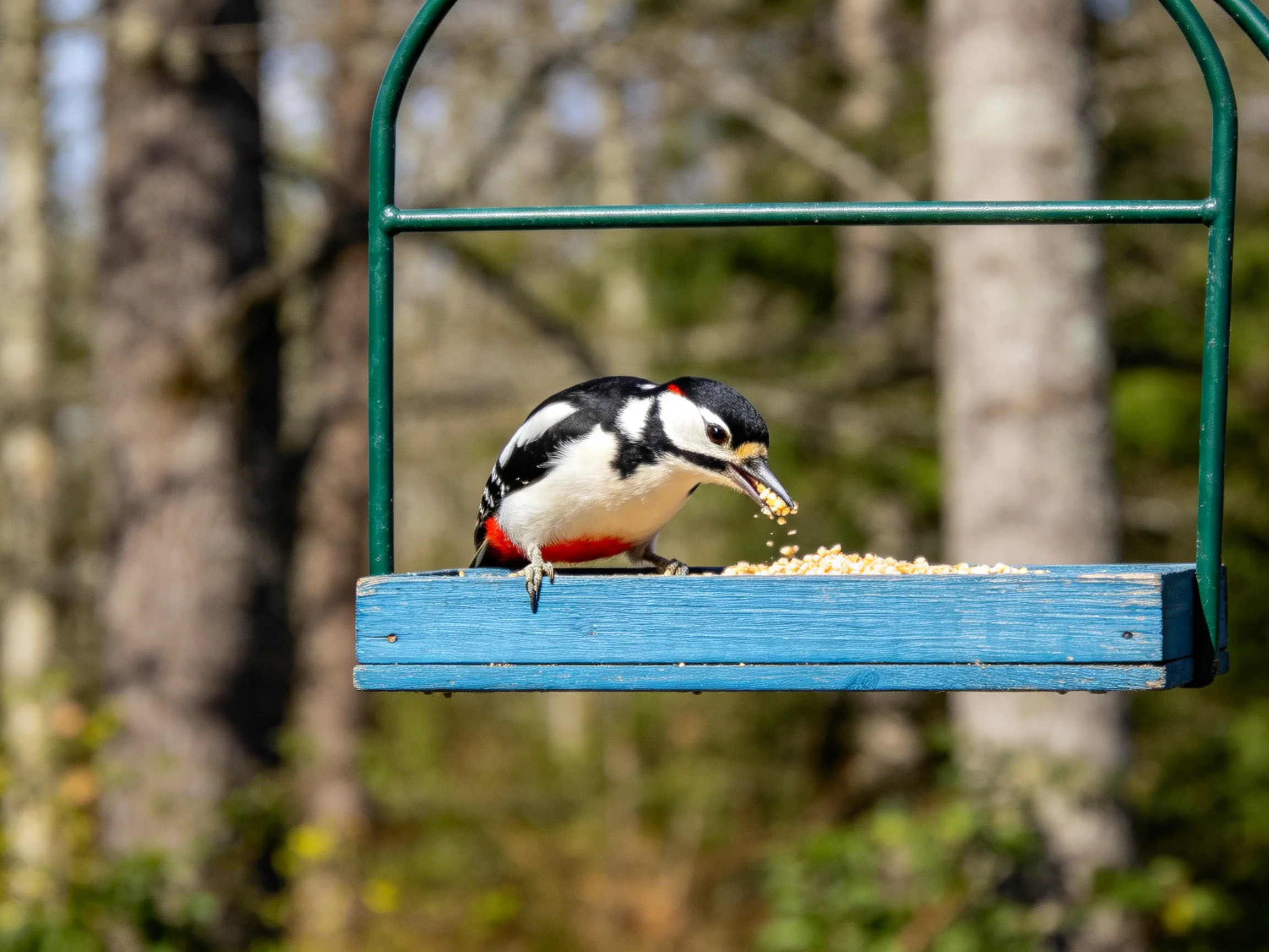Black, white, and red woodpecker feeding on blue bird feeder outdoors