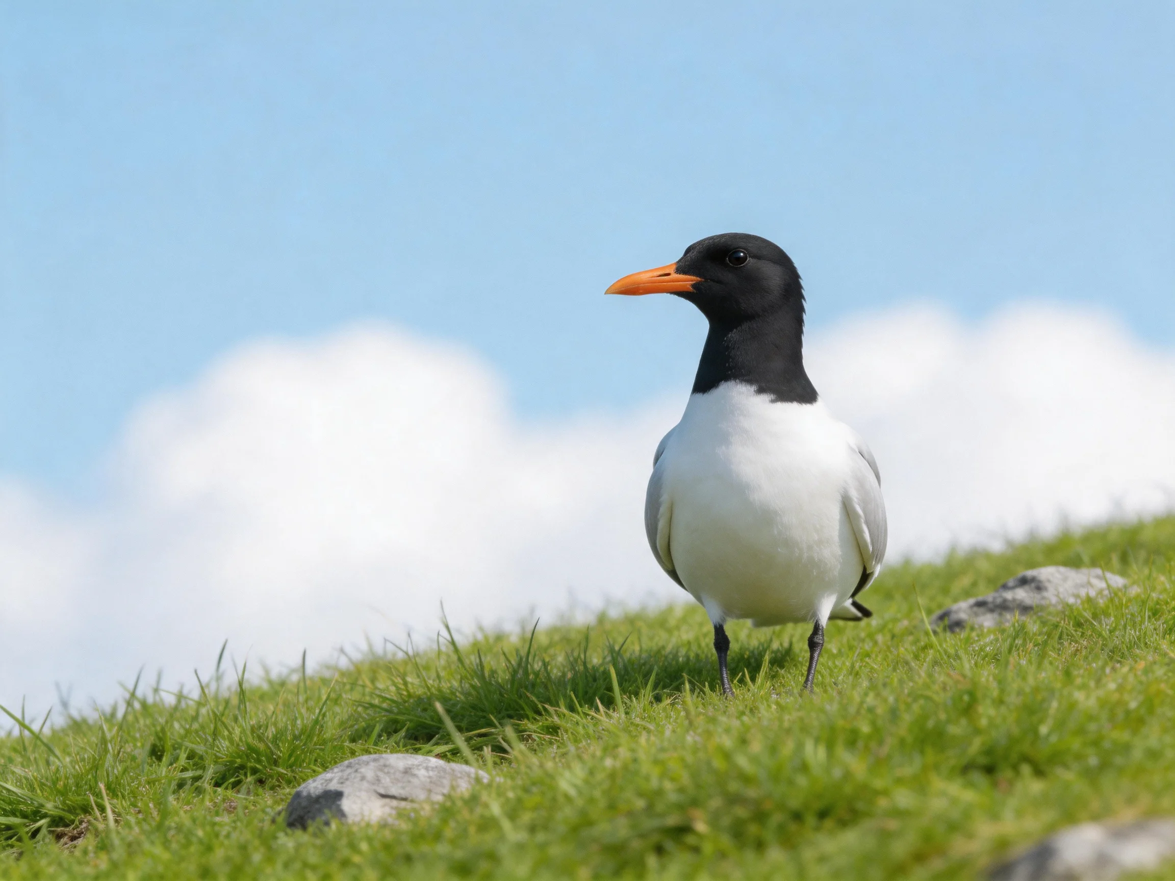Black --white seabird with orange beak on grassy hillside