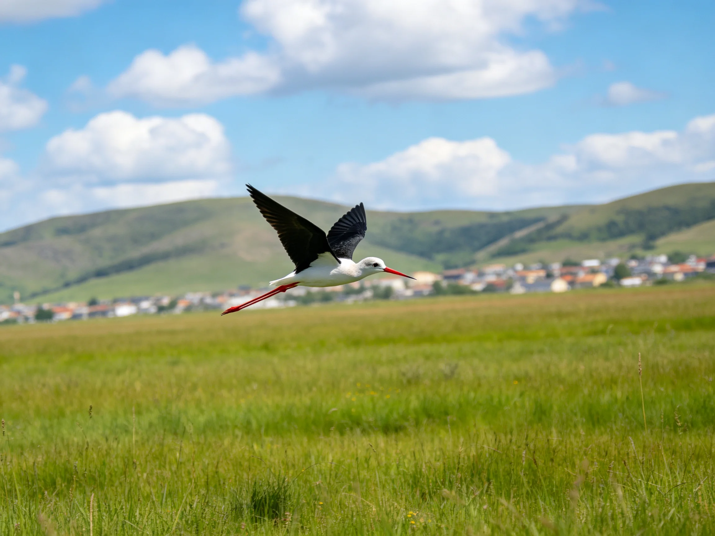 Black-winged bird flying over green meadow near village