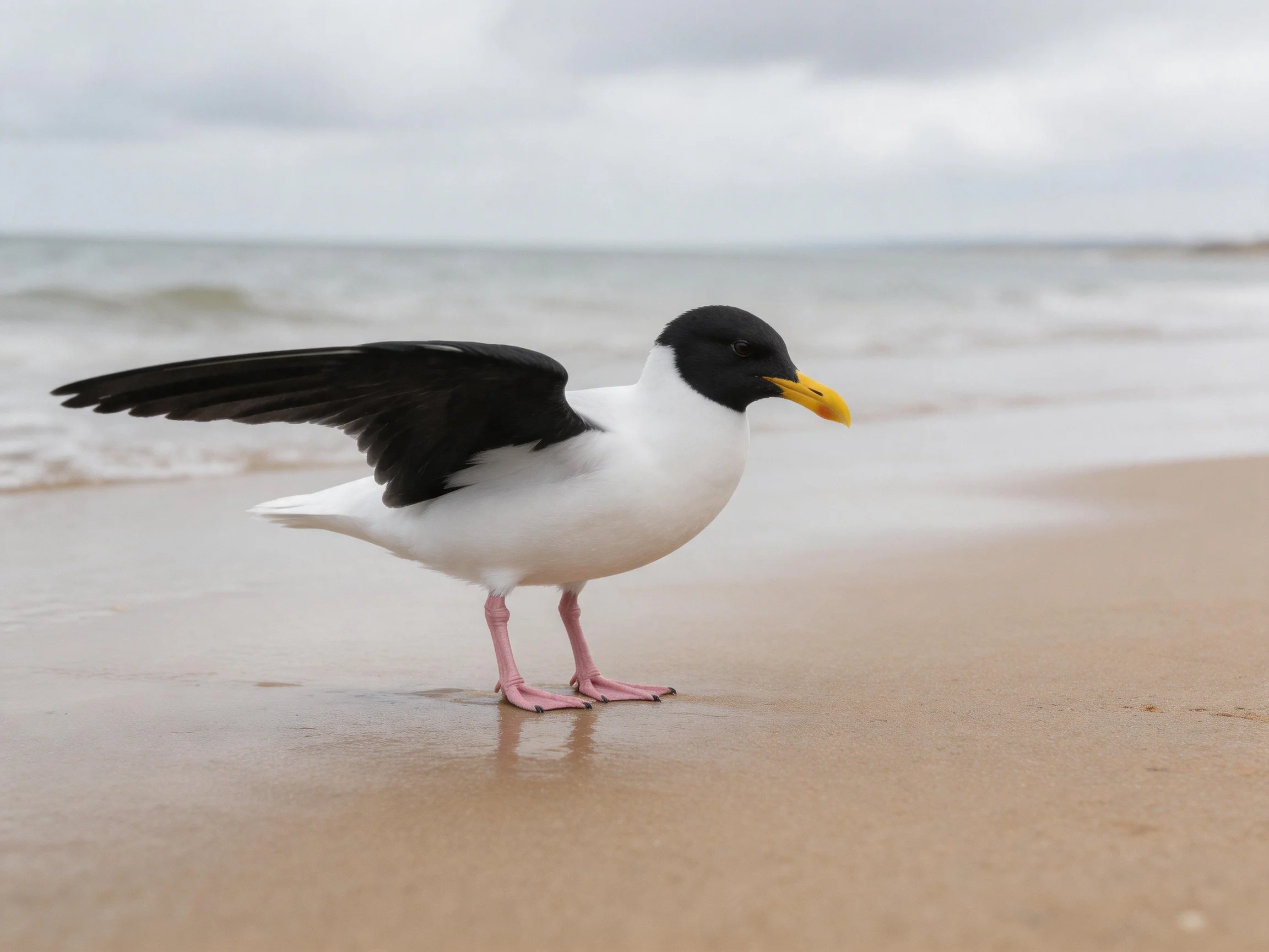 Black-winged gull with yellow beak on wet sandy shore