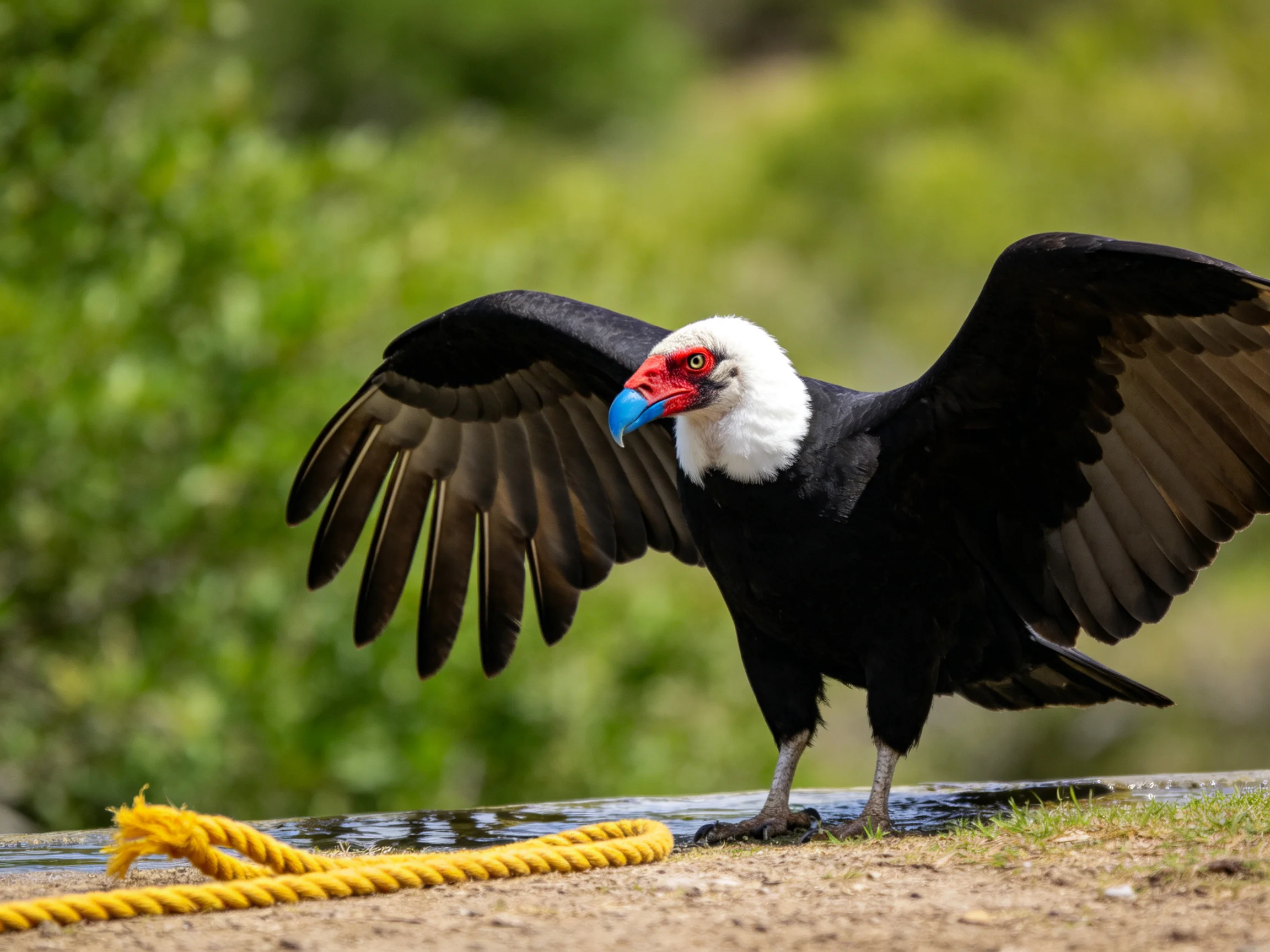 Black-winged vulture with white head spreads wings by water with yellow rope