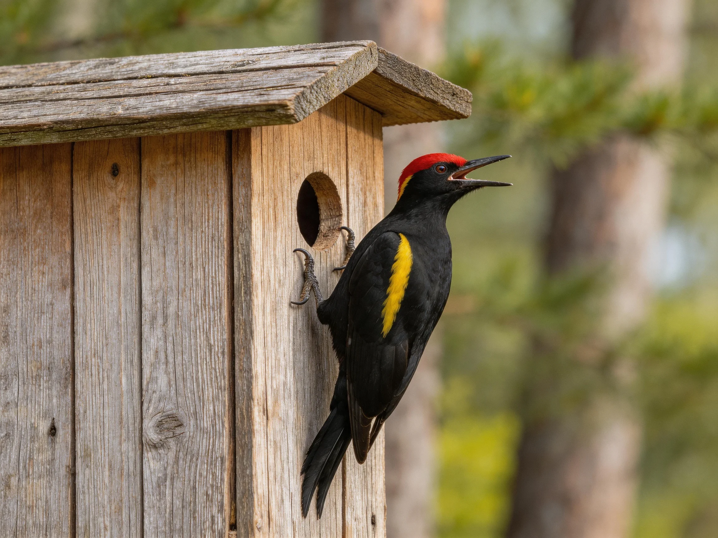 Black woodpecker with red crest, yellow wing on wooden birdhouse
