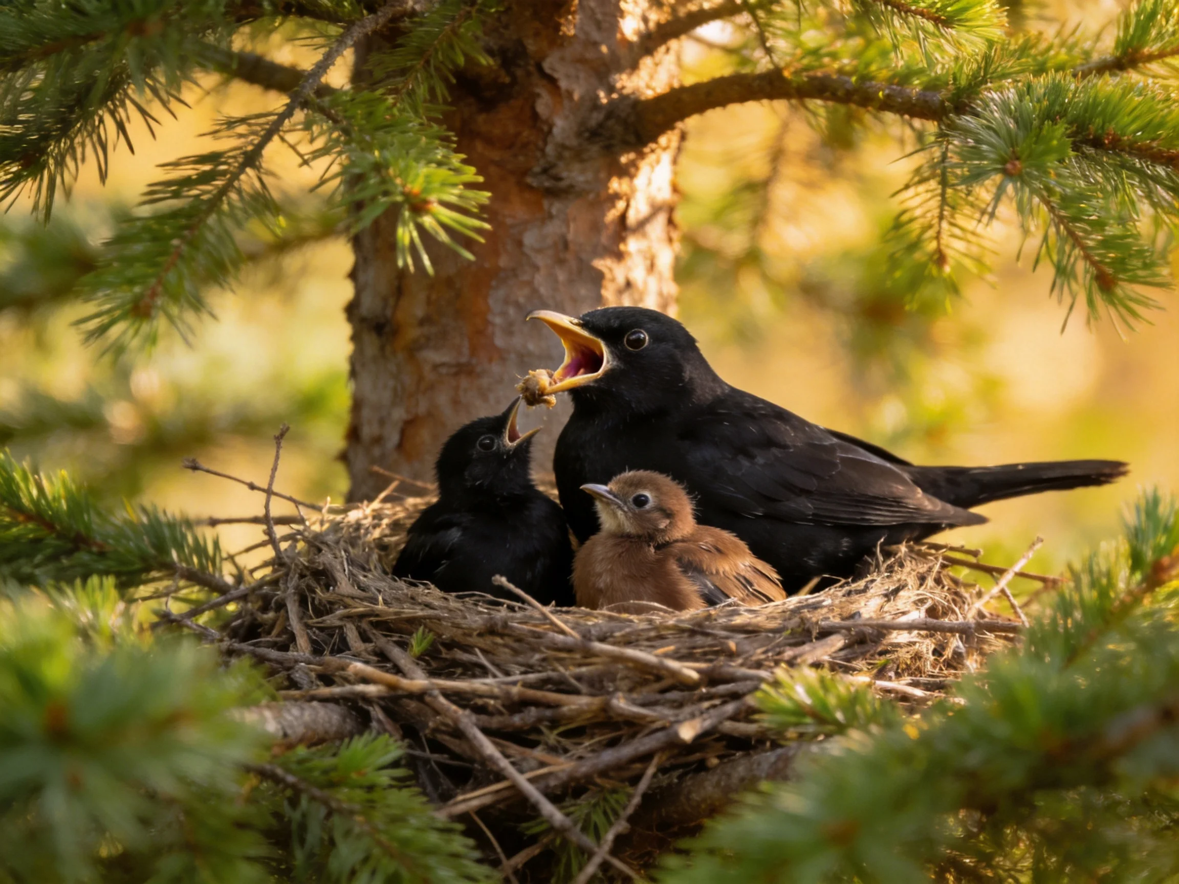 Blackbird Feeding Chicks in a Pine Tree Nest
