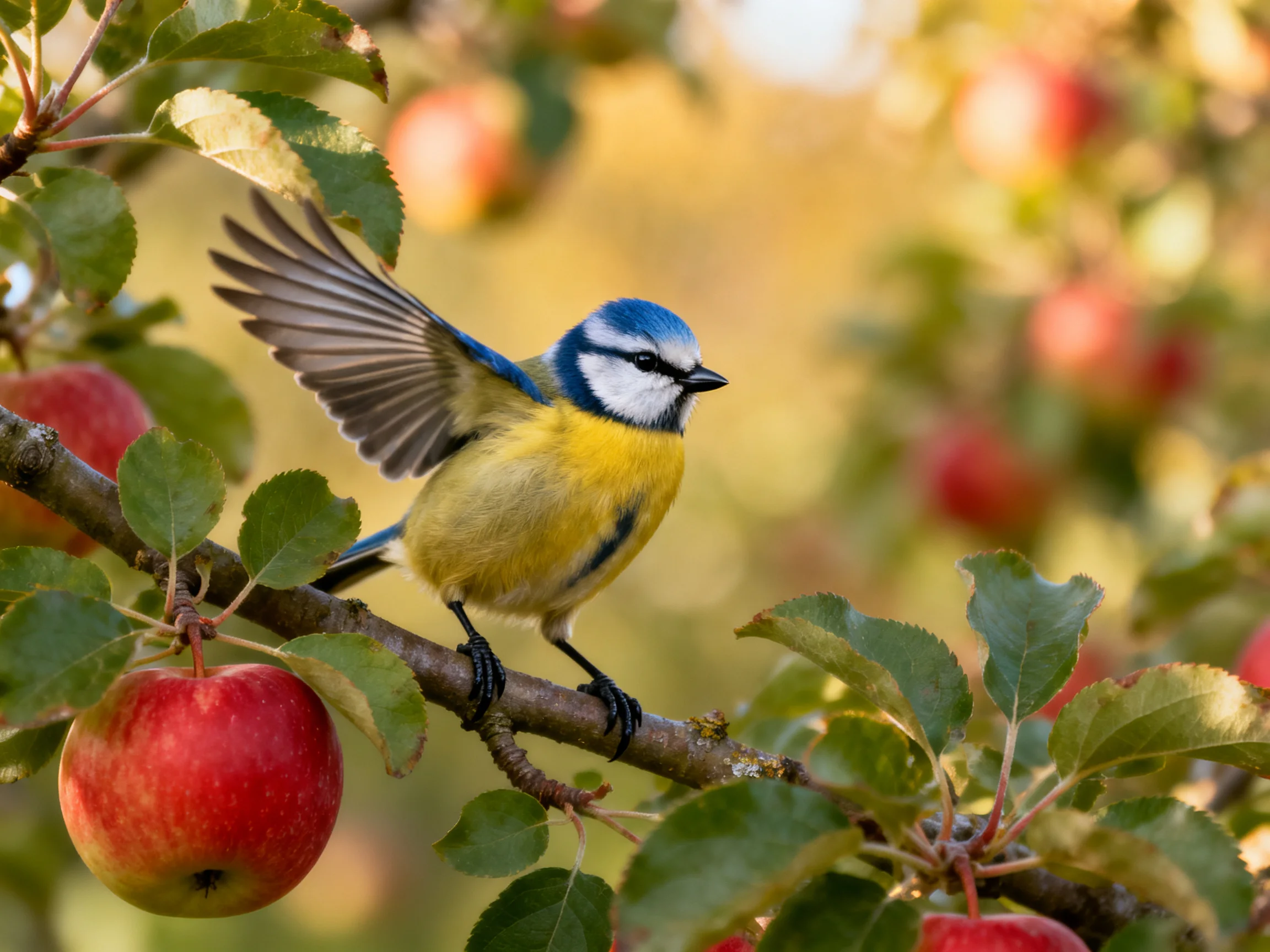 Blue Tit Bird Perched Among Red Apples