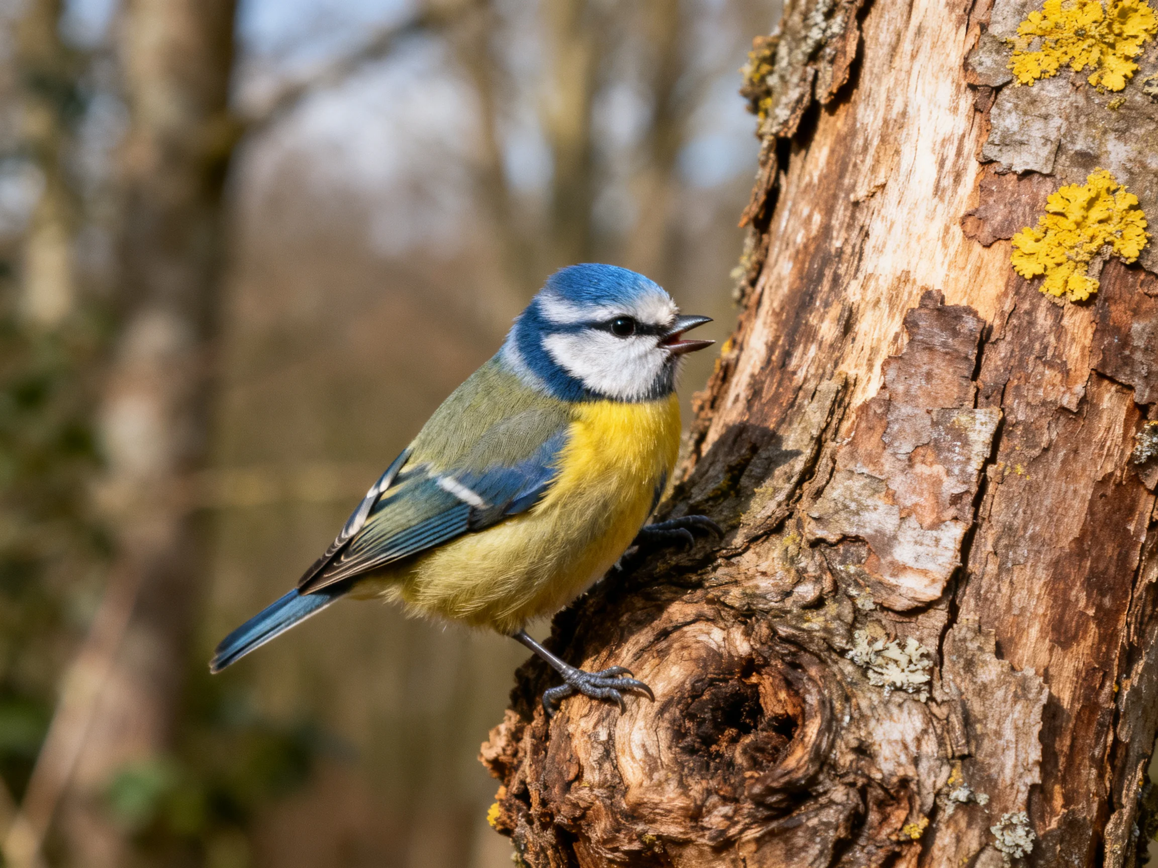 Blue Tit Perched on Lichen-Covered Tree Trunk