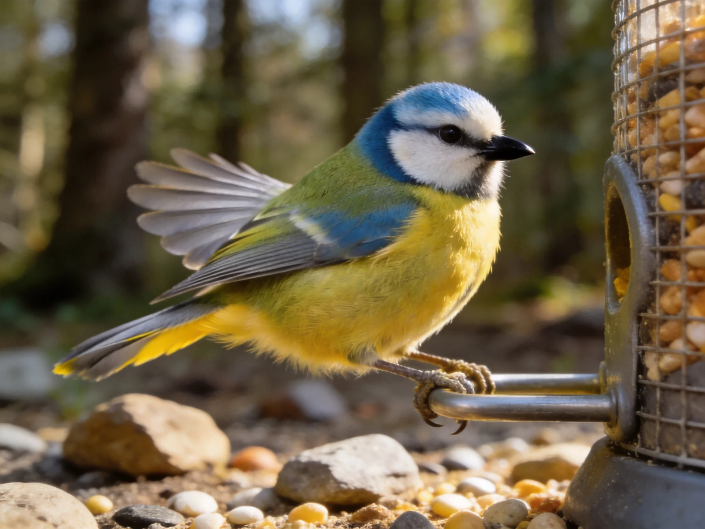 Blue and yellow bird feeding on metal feeder near rocky ground