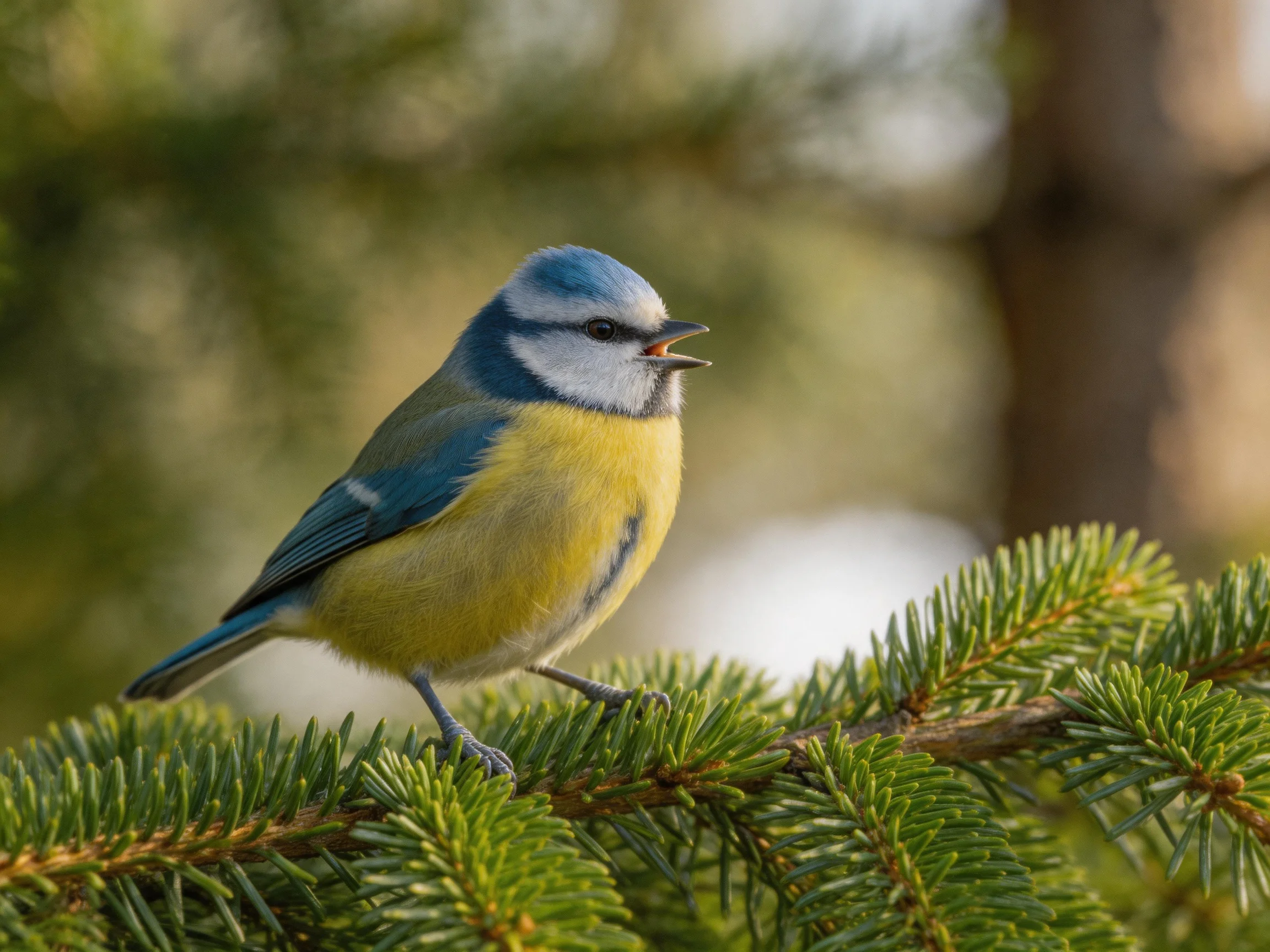 Blue and yellow bird perched on dense green pine foliage