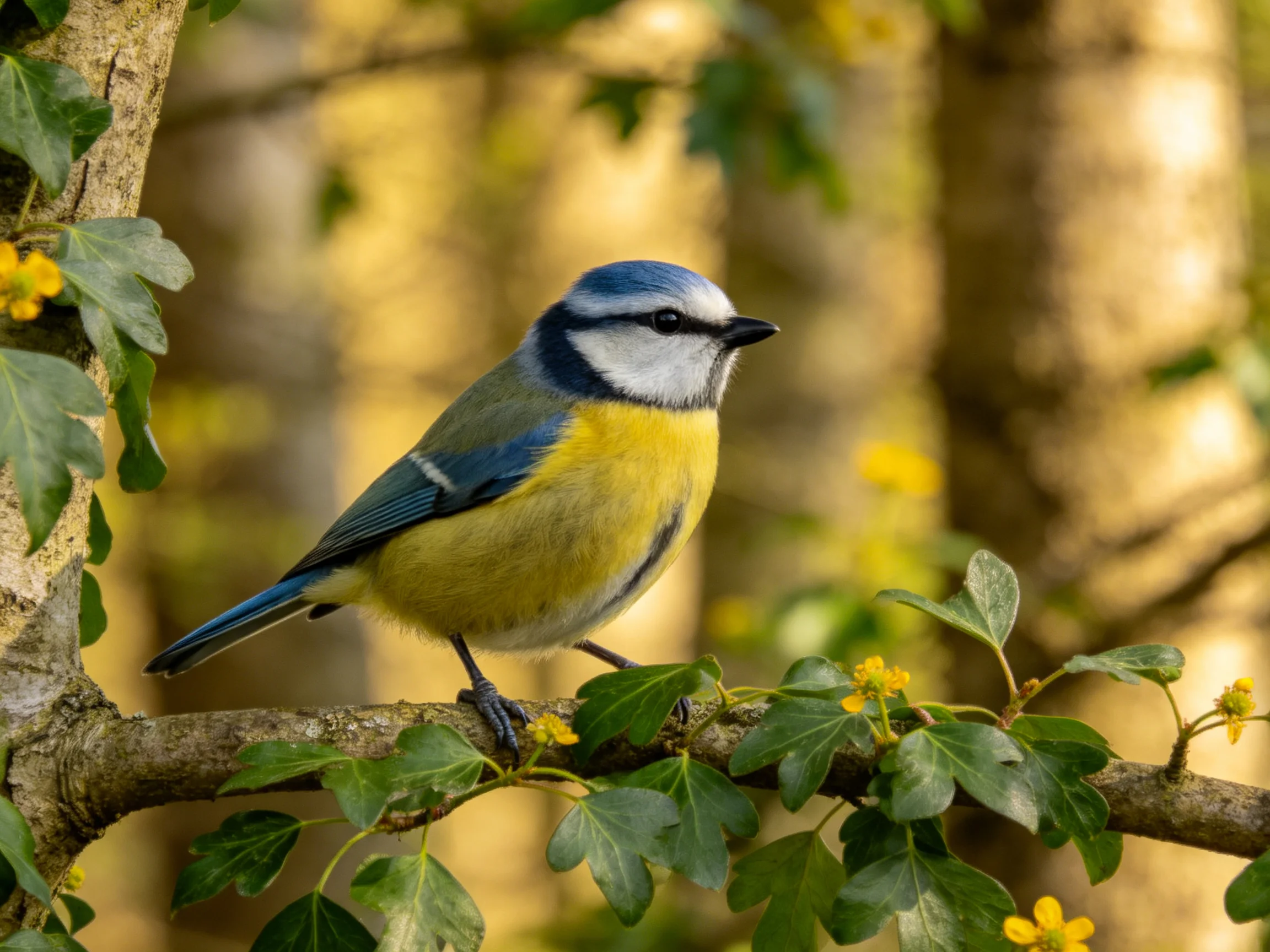 A colorful songbird rests on a leafy branch with small yellow blooms.