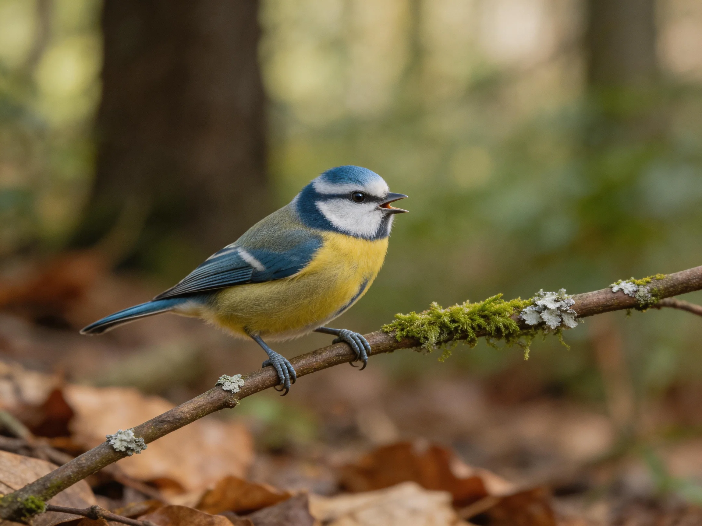 Blue and yellow bird perched on mossy forest branch