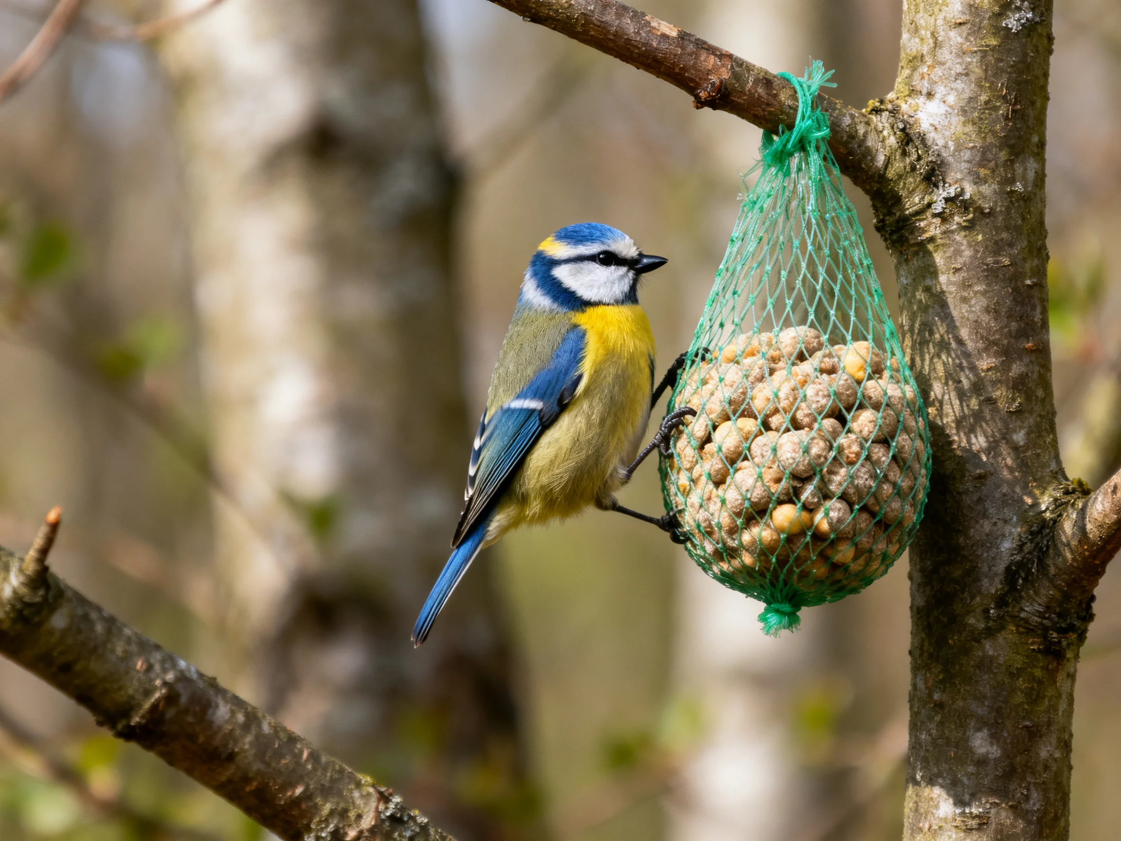 Blue and yellow bird perched on tree branch near green net seed holder