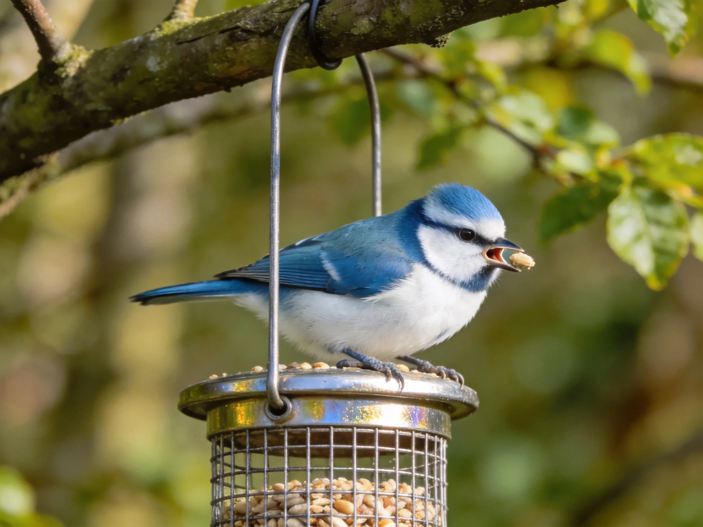 Blue bird feedingfrom metal feeder on tree branch