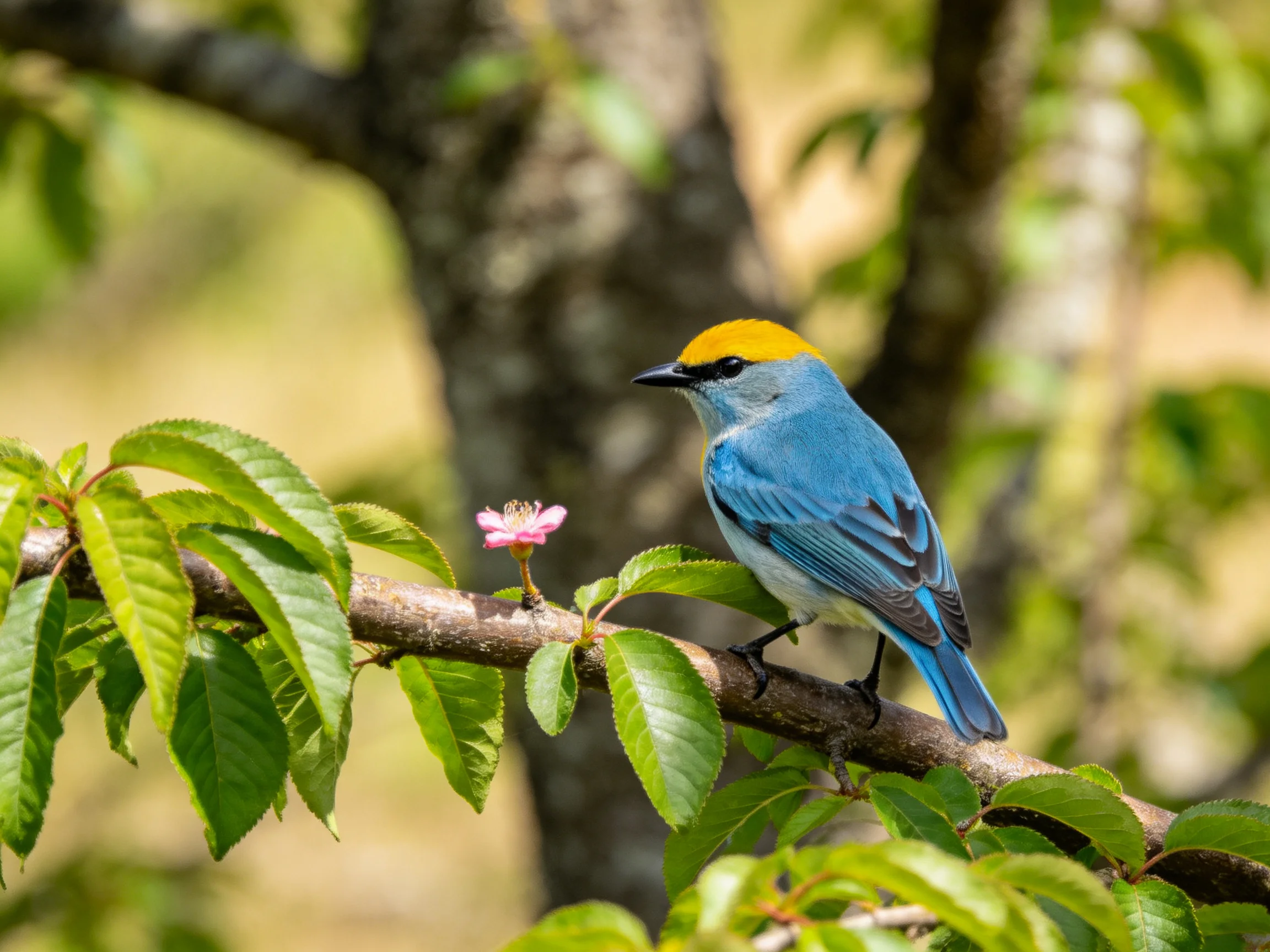 Blue bird with golden crown perched by pink flower