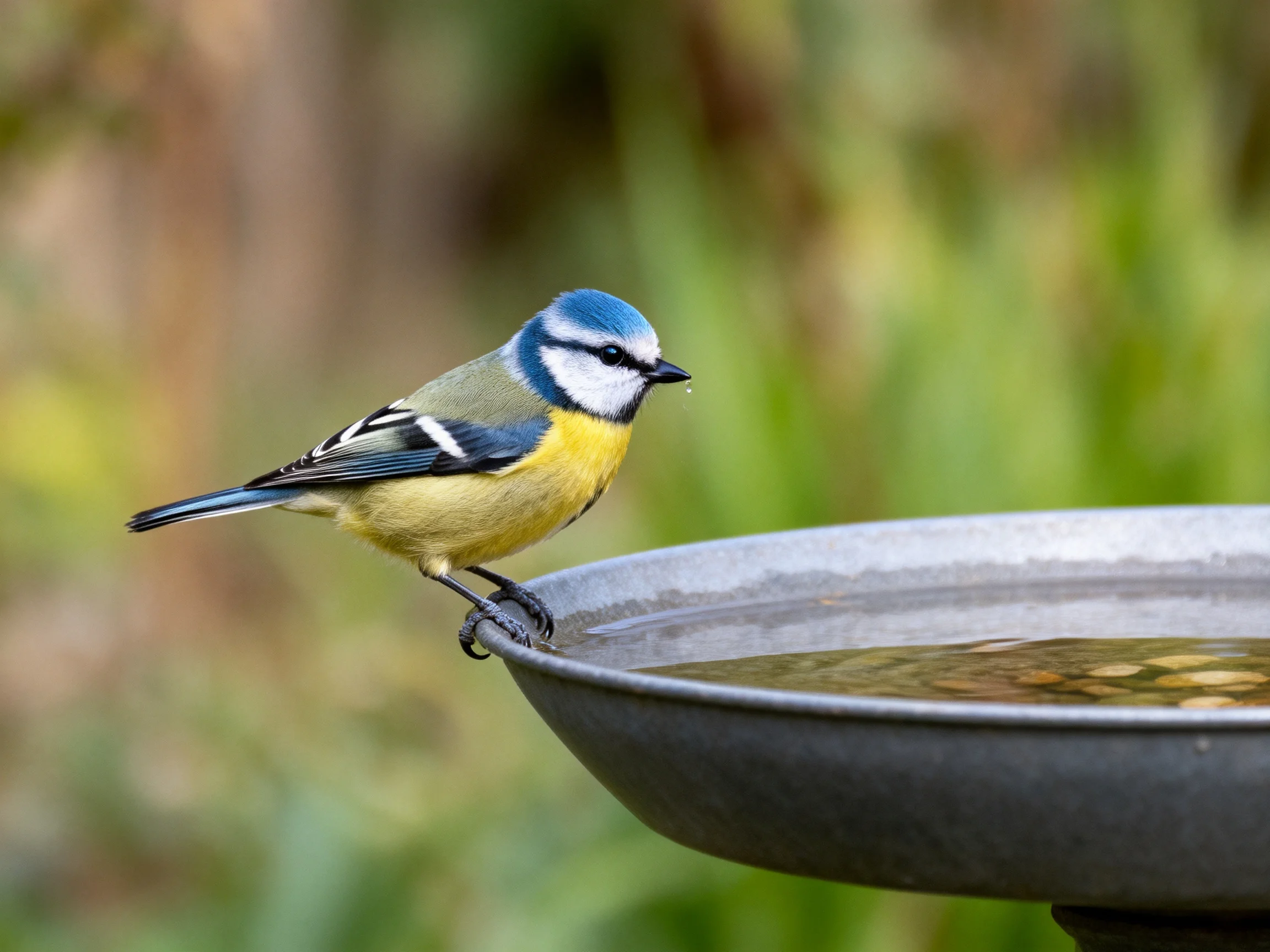 Blue-capped bird perches on metallic birdbath with water