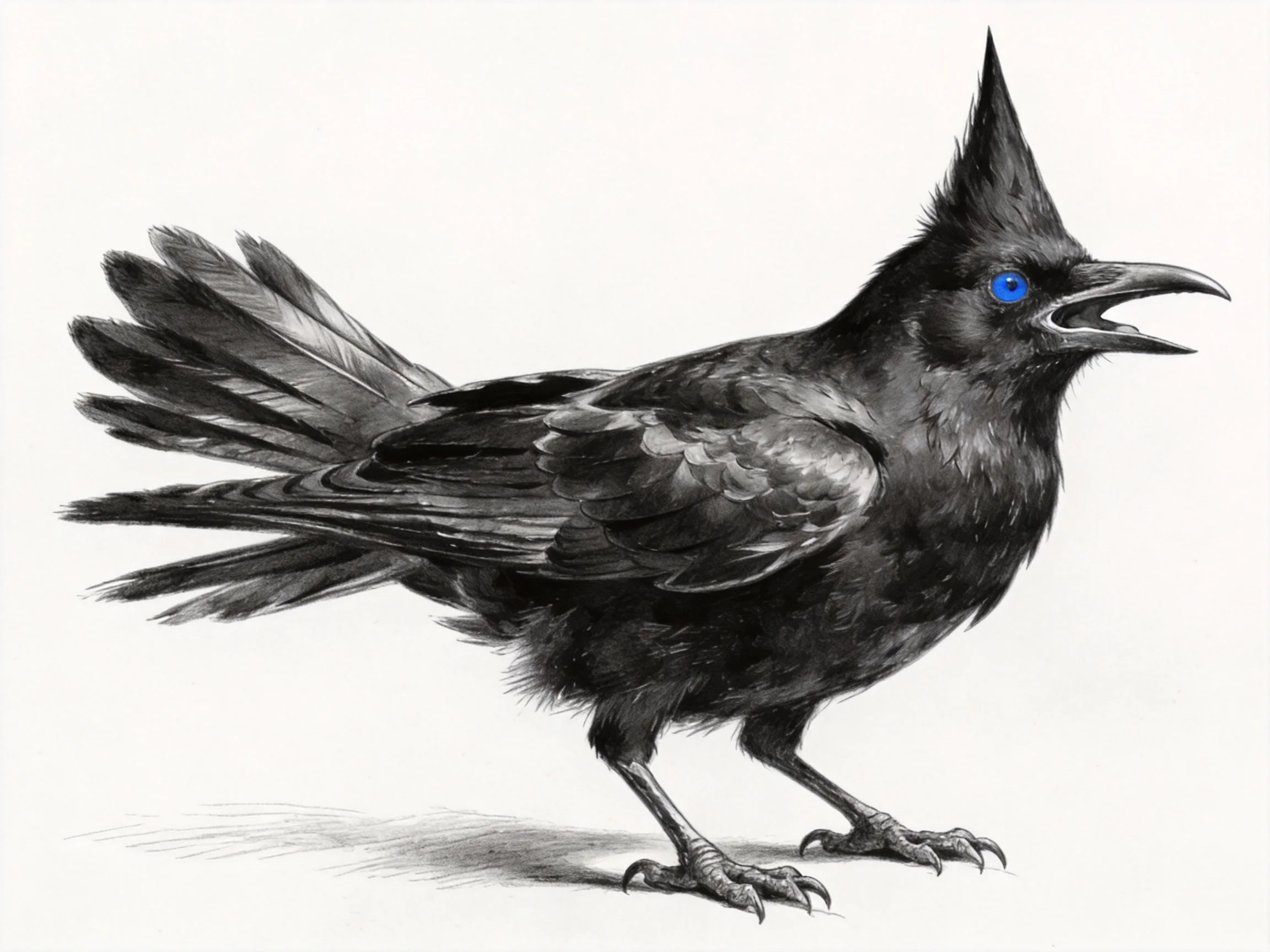 Blue-eyed black bird with crest and detailed feather patterns