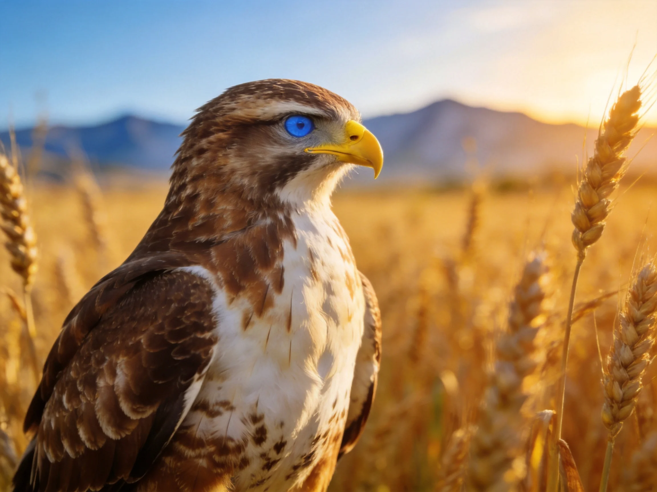 Blue-eyed raptor in golden wheat fields with distant mountains