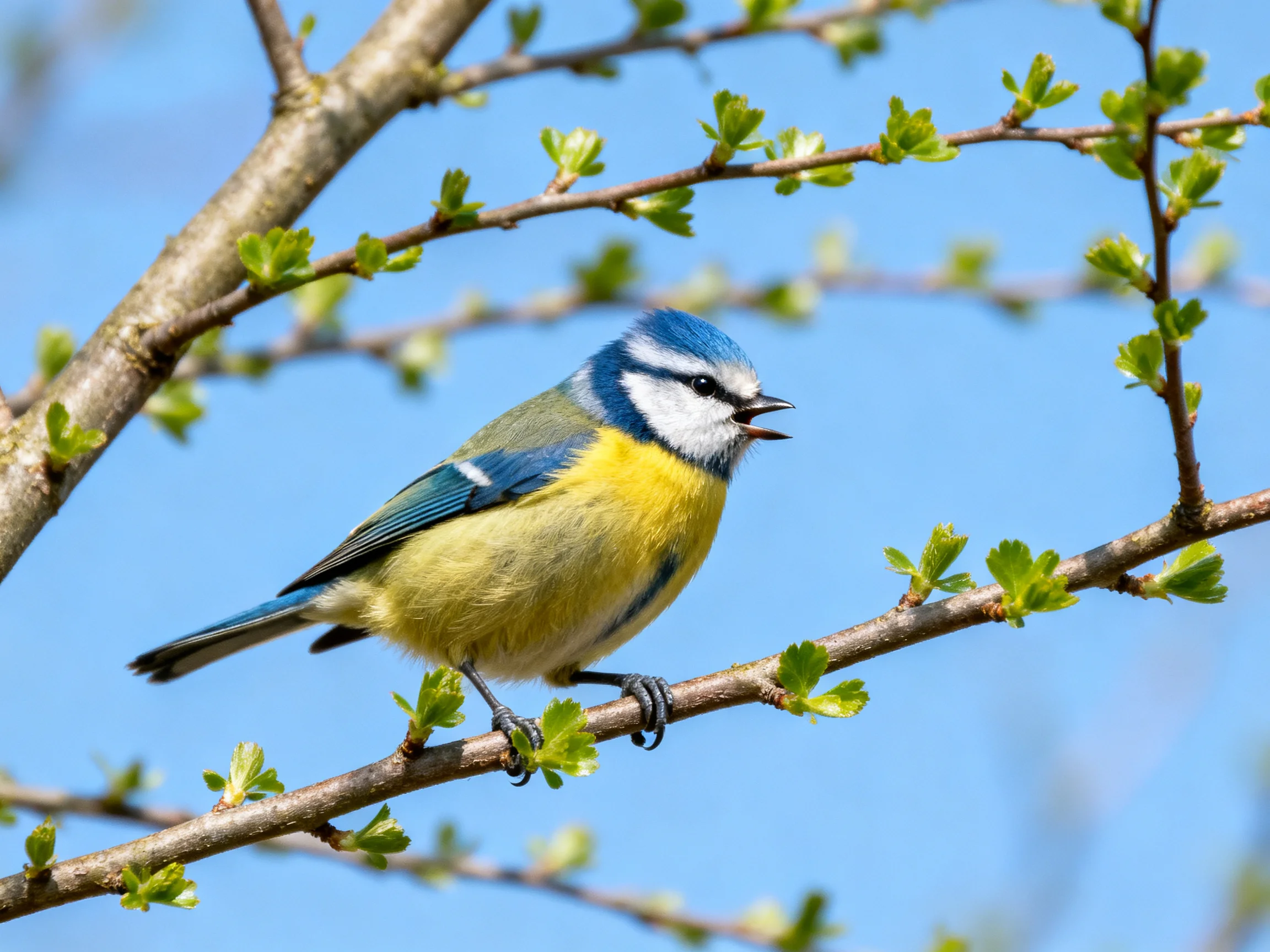 Blue-headed bird perched on budding tree branch
