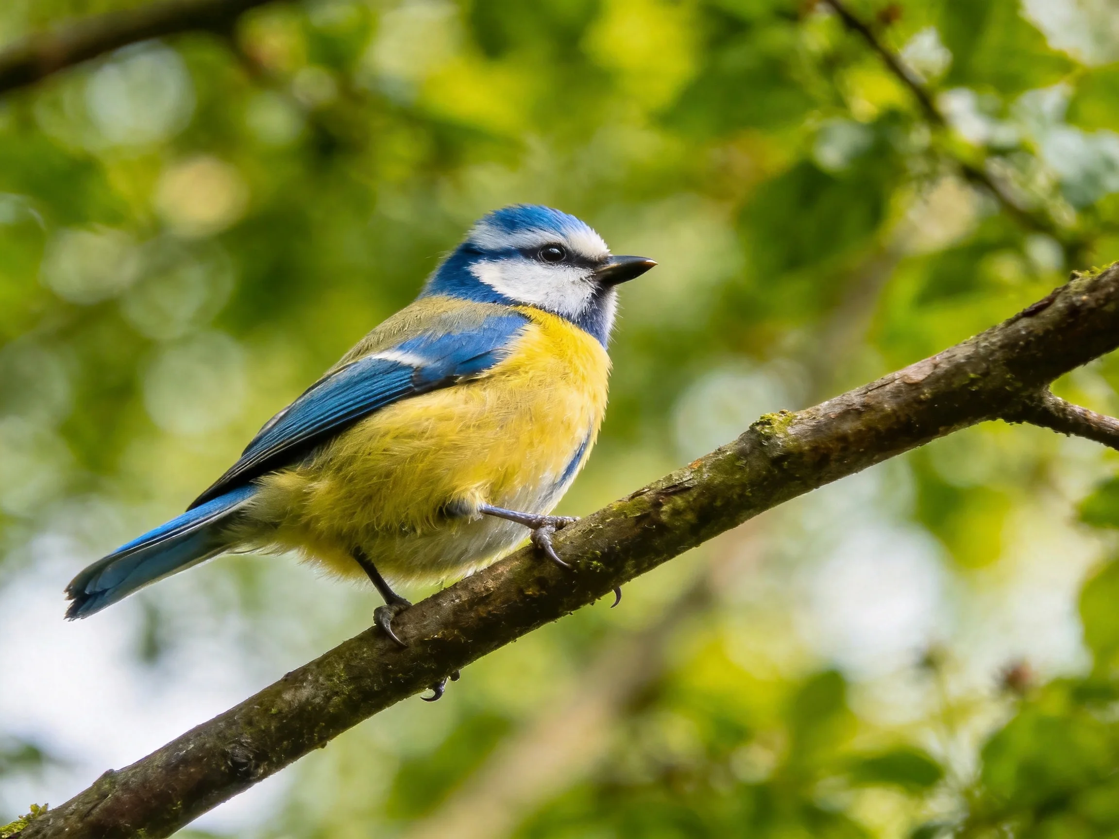 Blue-headed bird perched on mossy tree branch amid lush green foliage