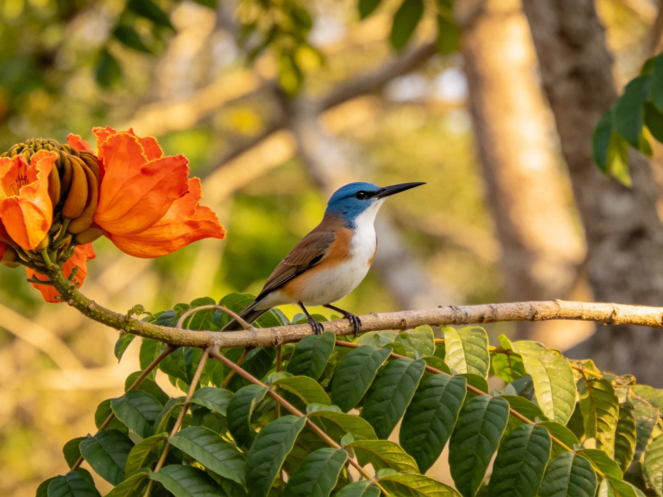 Blue-headed bird perches near large orange flowers on leafy branch