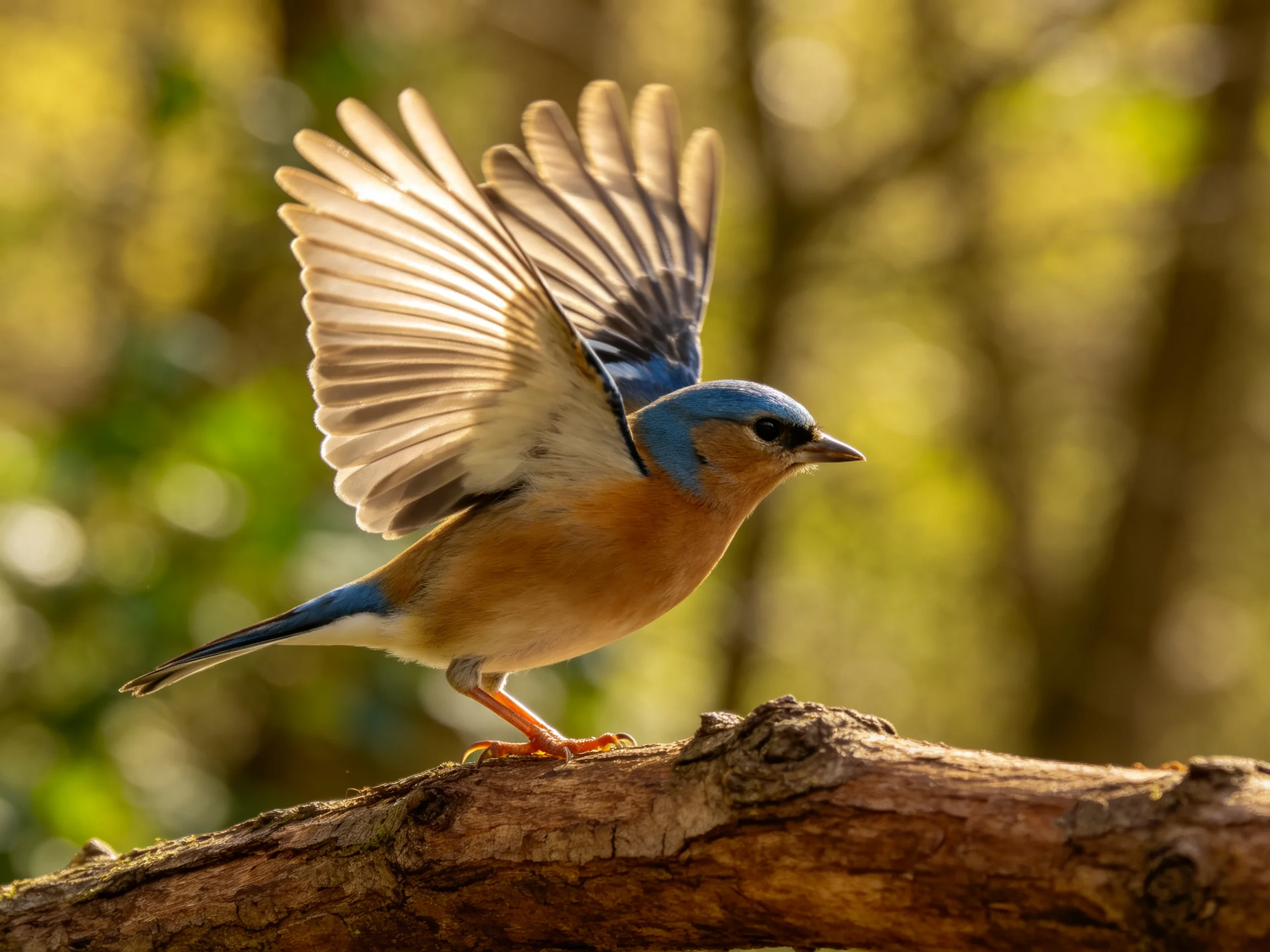 Blue-headed bird spreading wings on weathered wooden branch