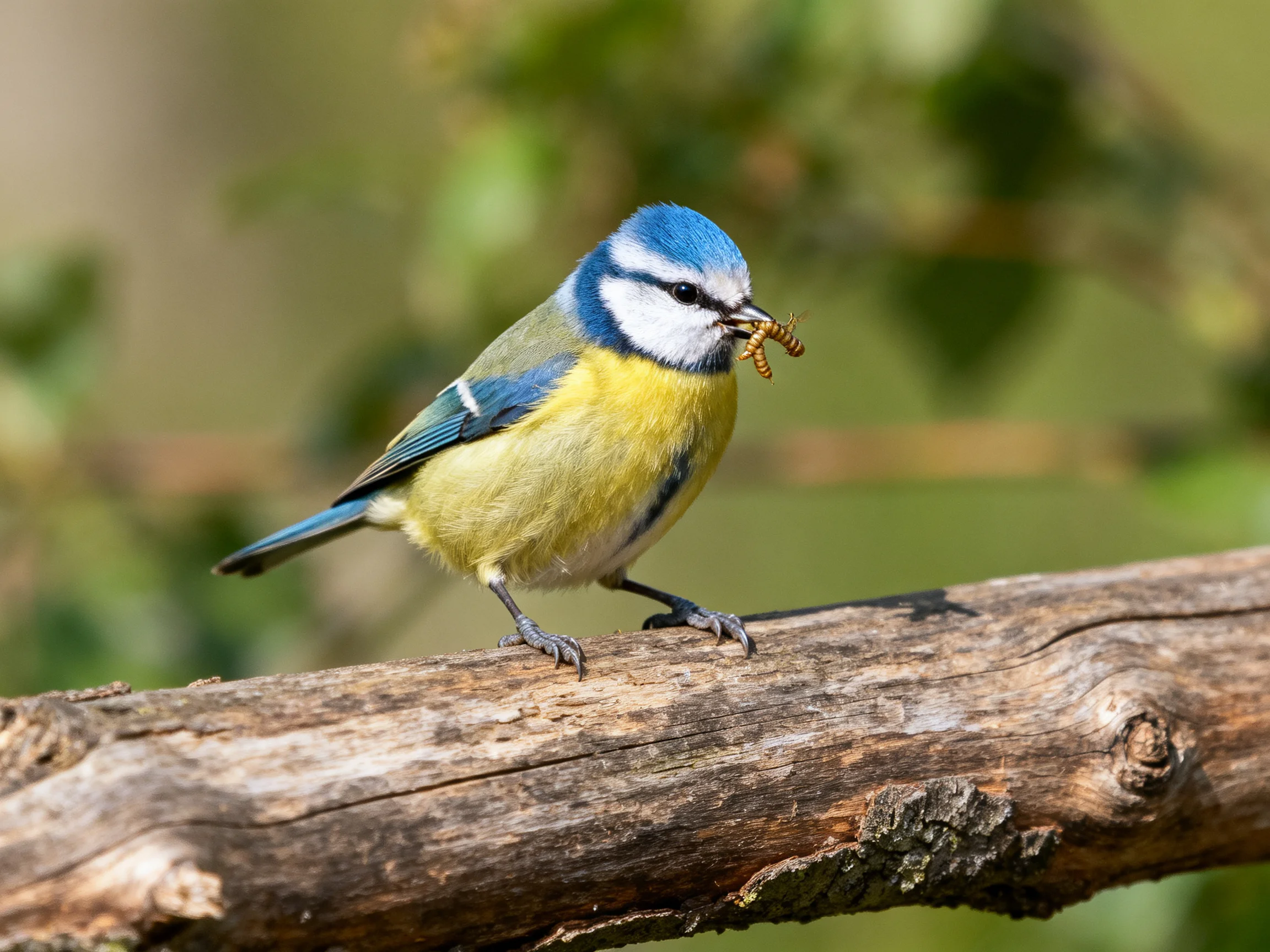 Blue-headed bird with yellow underparts perches on a gnarled branch, clutching an insect.