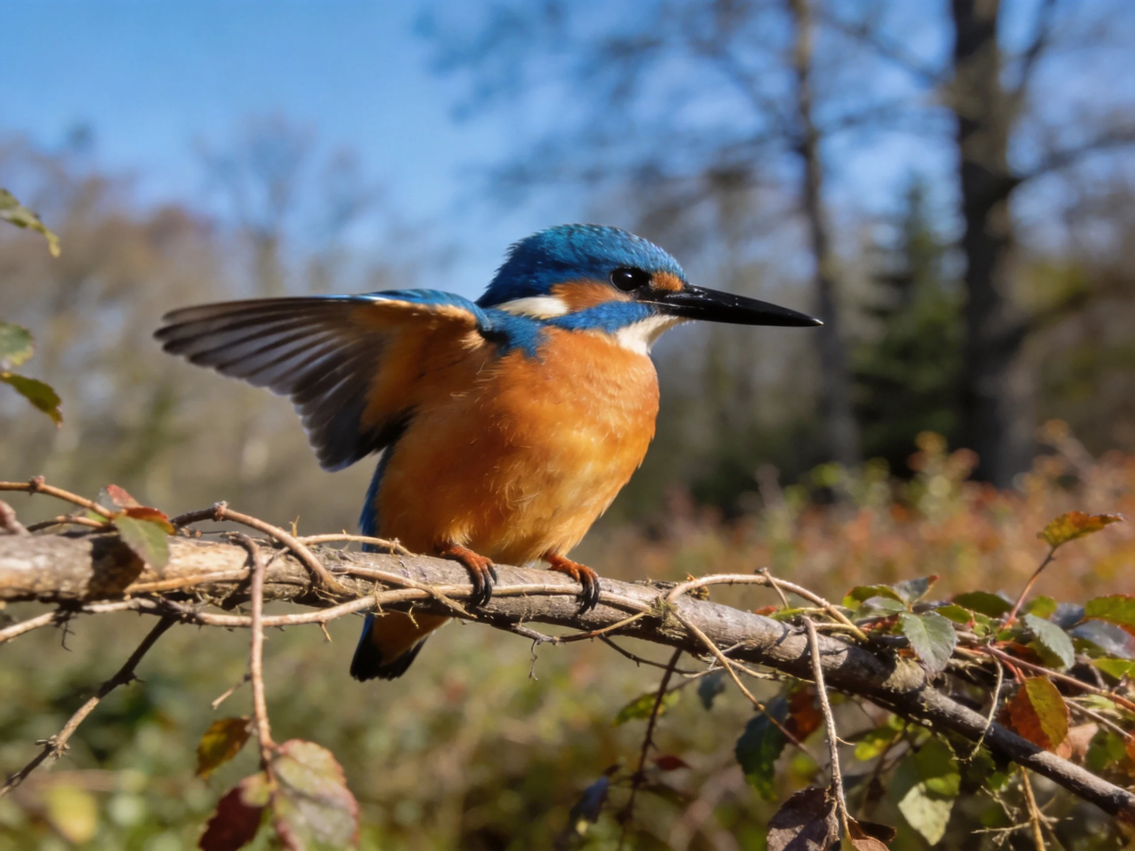 Blue-headed kingfisher spreading wings on a leafy branch