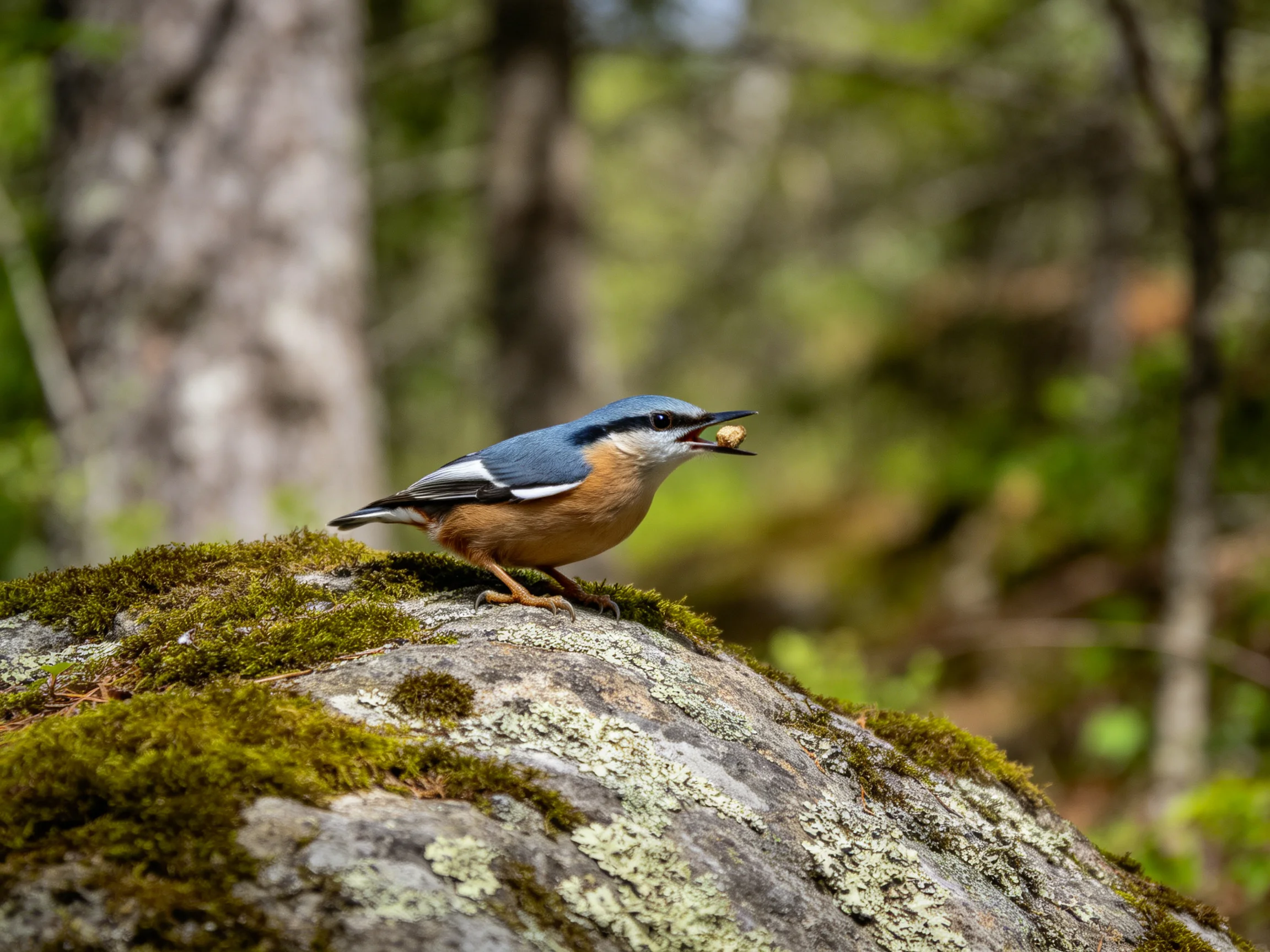 Blue-headed nuthatch perched on mossy rock with food