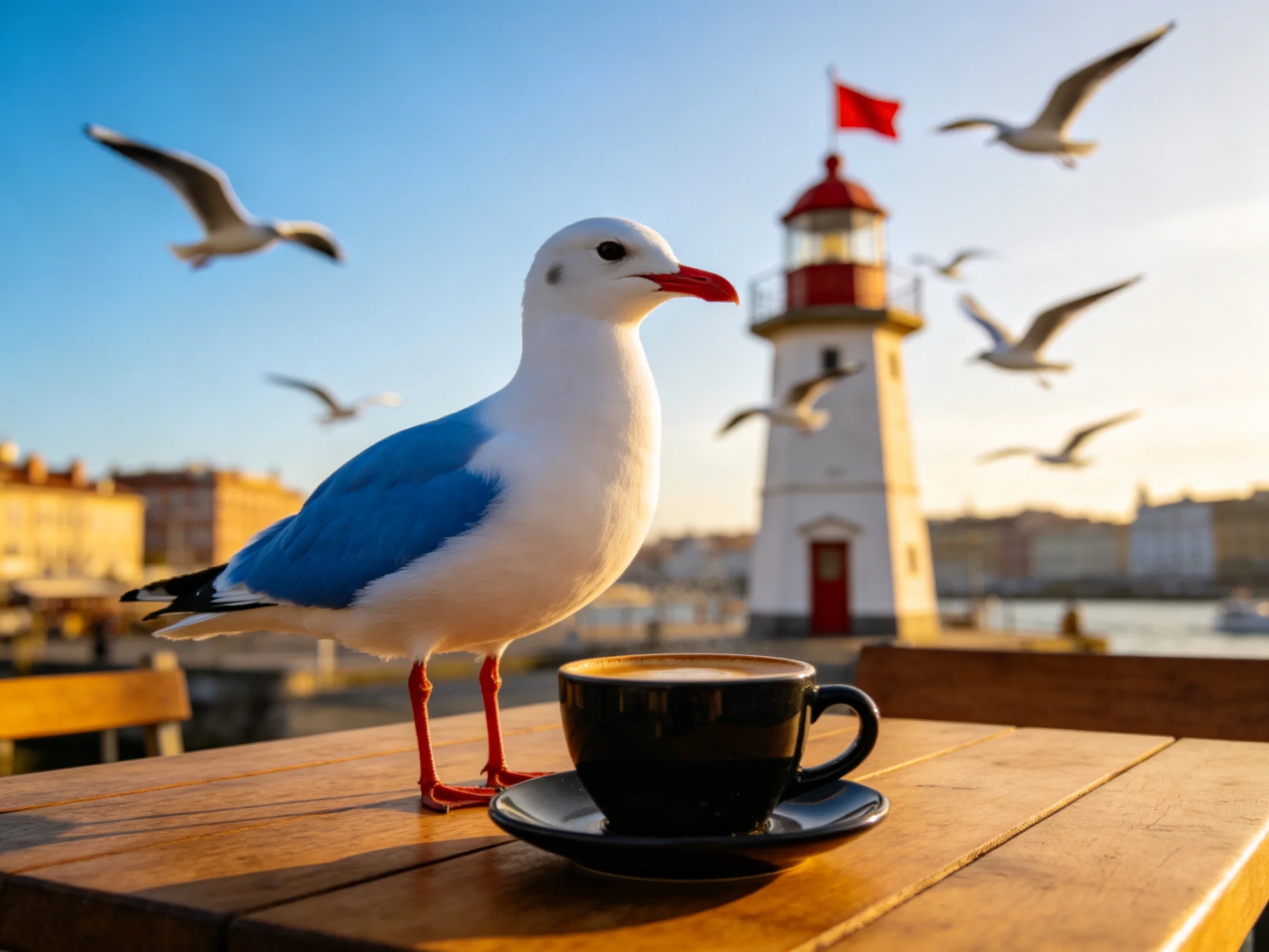 Blue-winged seagull stands near a black coffee cup by a white lighthouse
