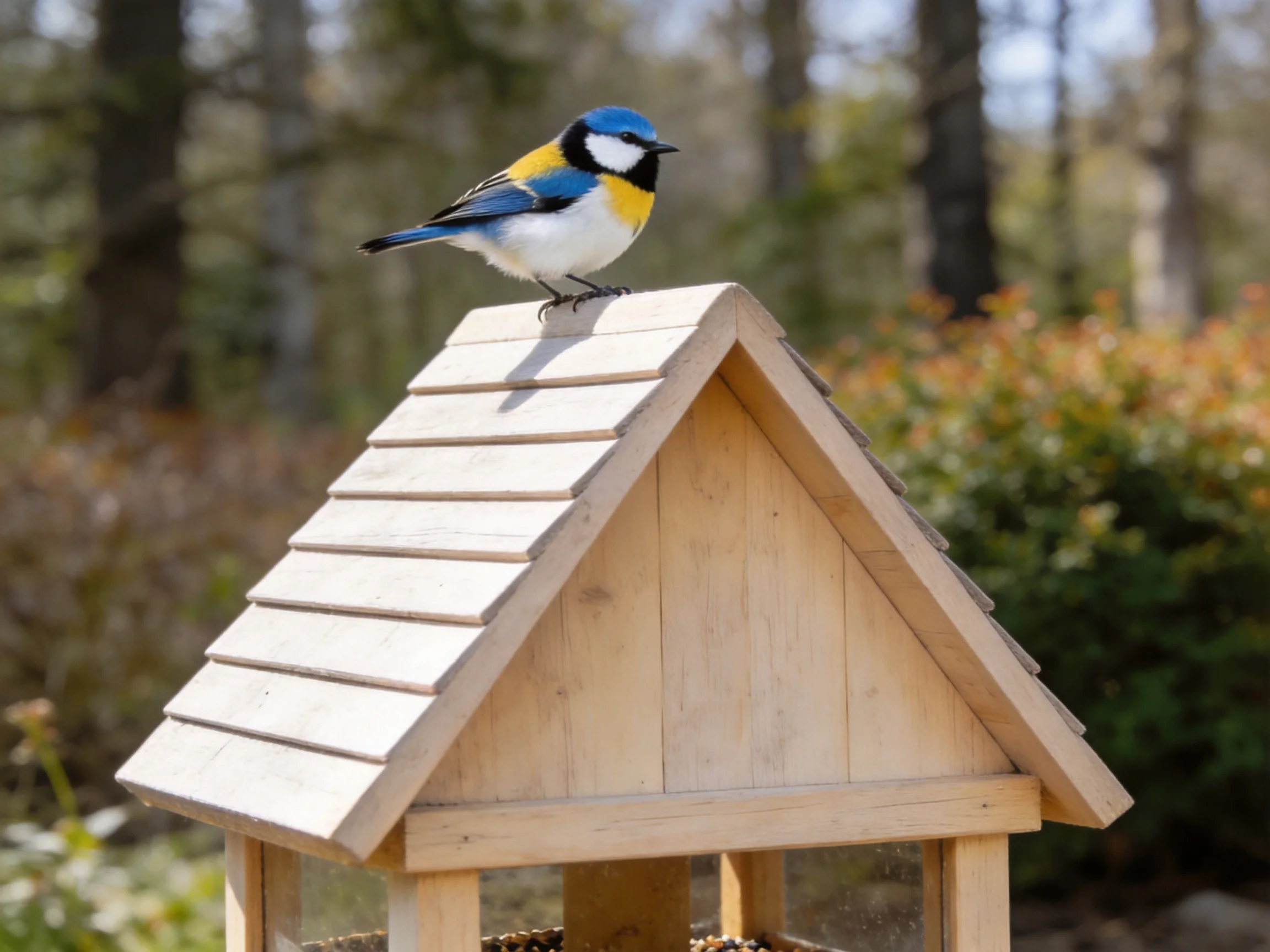 Blue, yellow, and white bird perched on wooden birdhouse