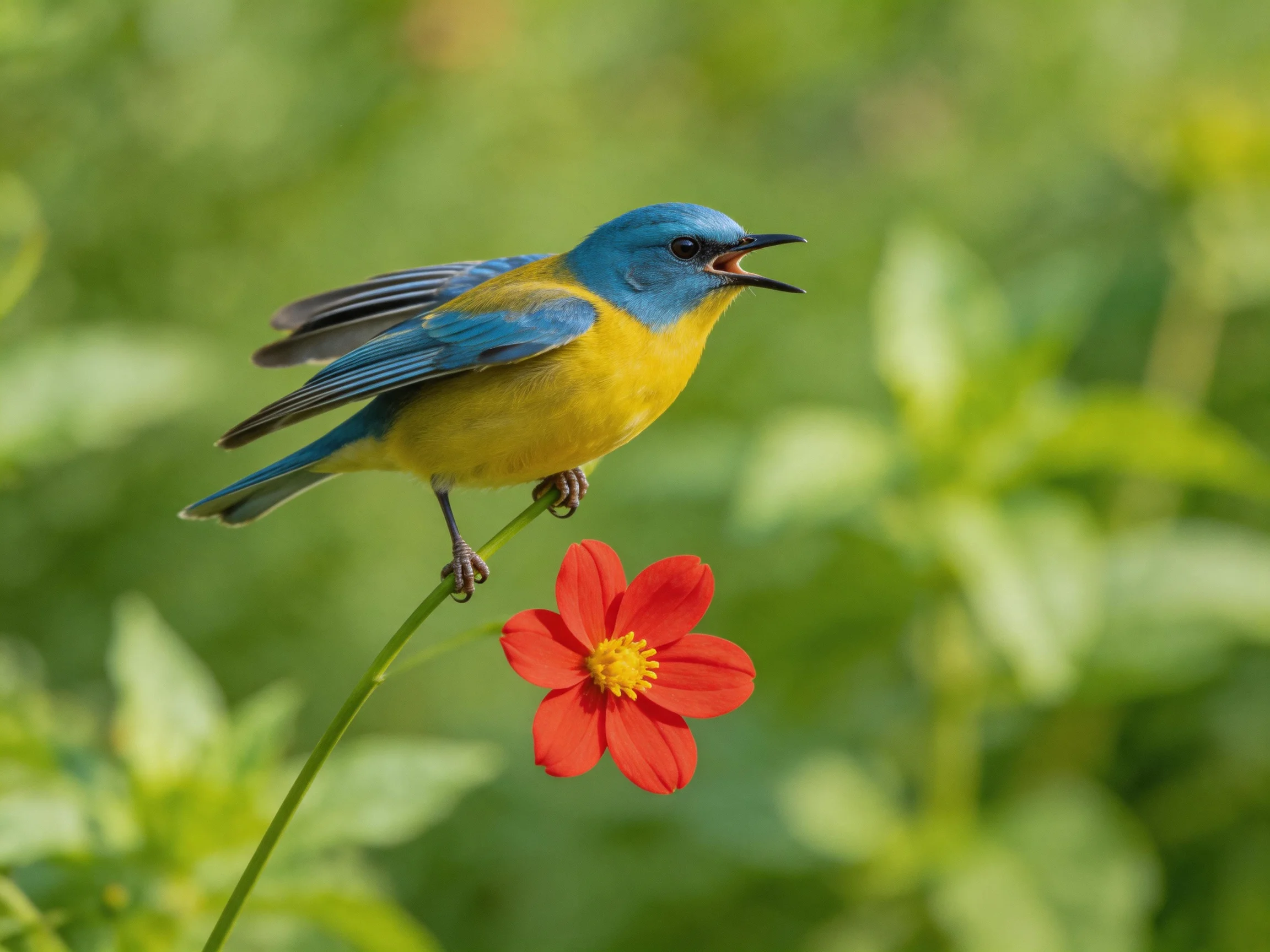 Blue - yellow bird perched near bright red flower