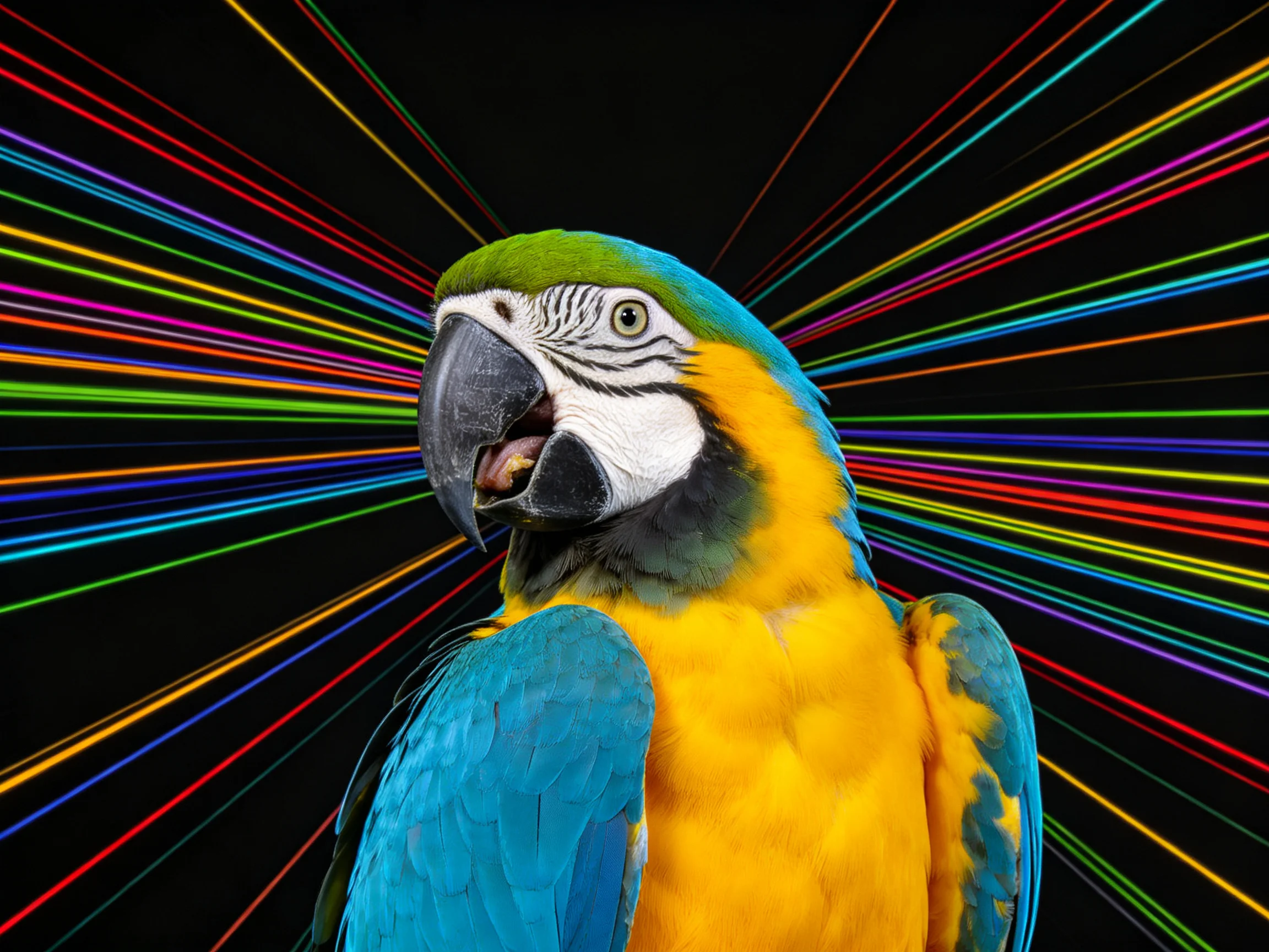 Blue-yellow parrot with multicolored radial light streaks