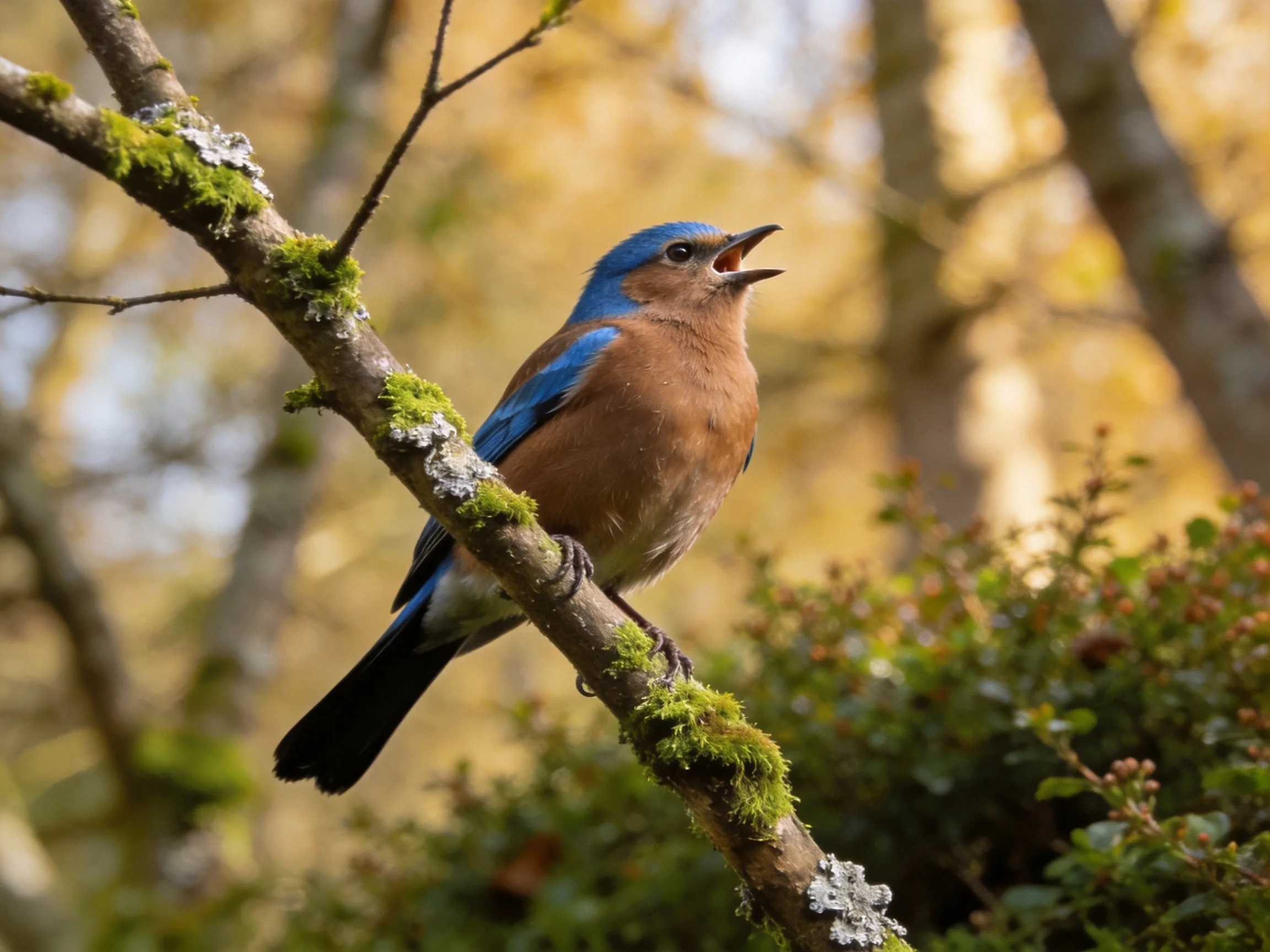 Bluebird Perched on Moss-Covered Branch in Golden Forest